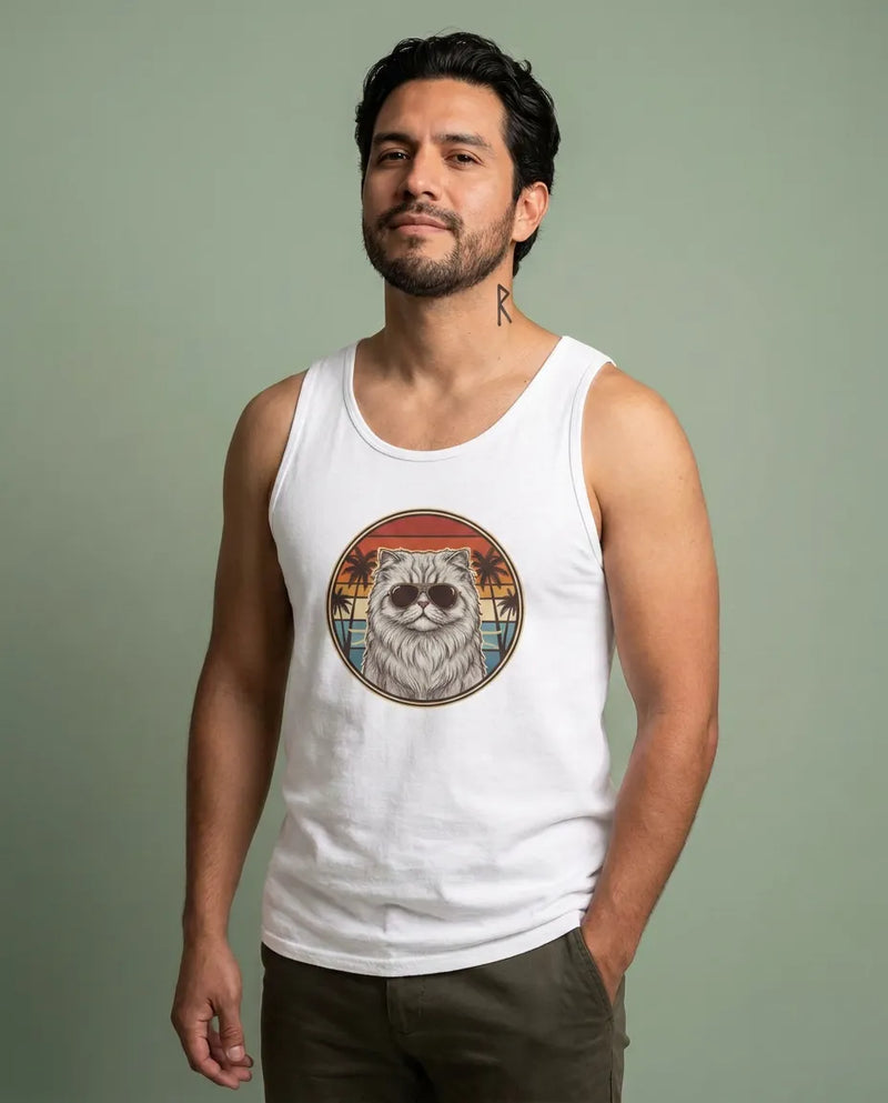 Persian Cool Cat Aviator Graphic Tank Top - Soft Combed Cotton Retail Fit Tank - Unisex White
