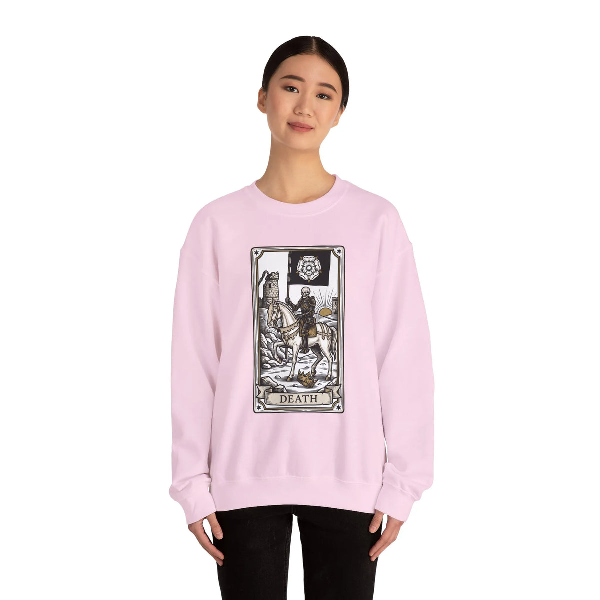 Tarot Death Card Graphic Sweatshirt - Heavy Blend Classic Fit Crewneck - Unisex White