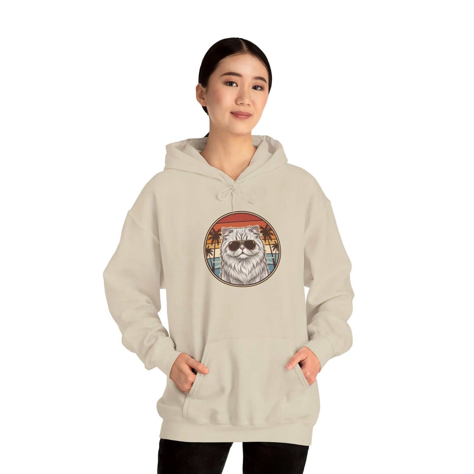 Persian Cat 70s Sunset Aviators Hoodie - Soft Cotton-Poly Blend Pullover - Unisex White