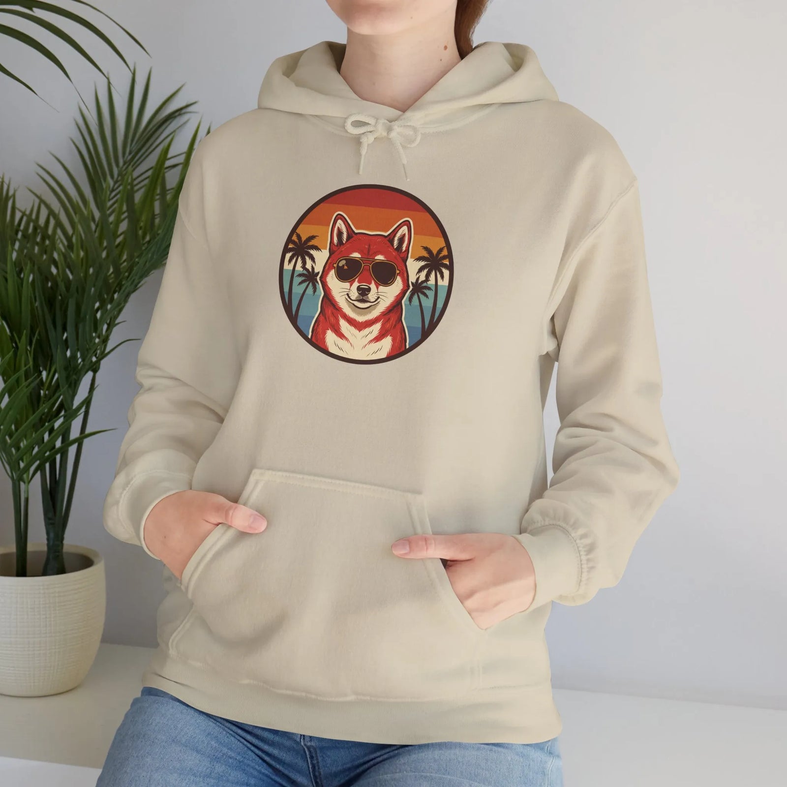 Shiba Inu 70s Sunset Aviator Hoodie - Cozy Fleece Blend Pullover - Unisex White