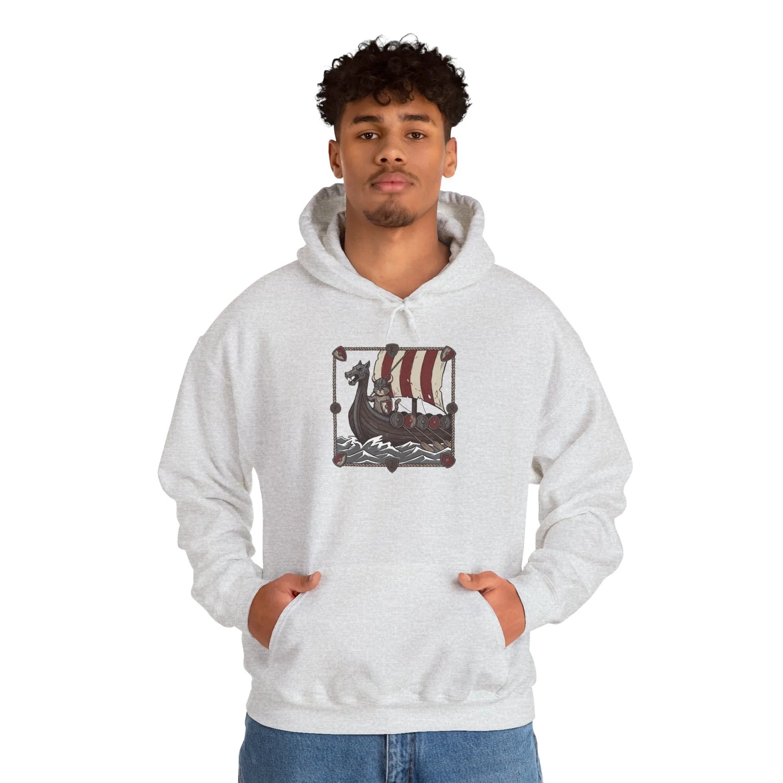 Viking Berserker Cats Longship Hoodie - Warm Cotton-Poly Fleece Pullover - Unisex White