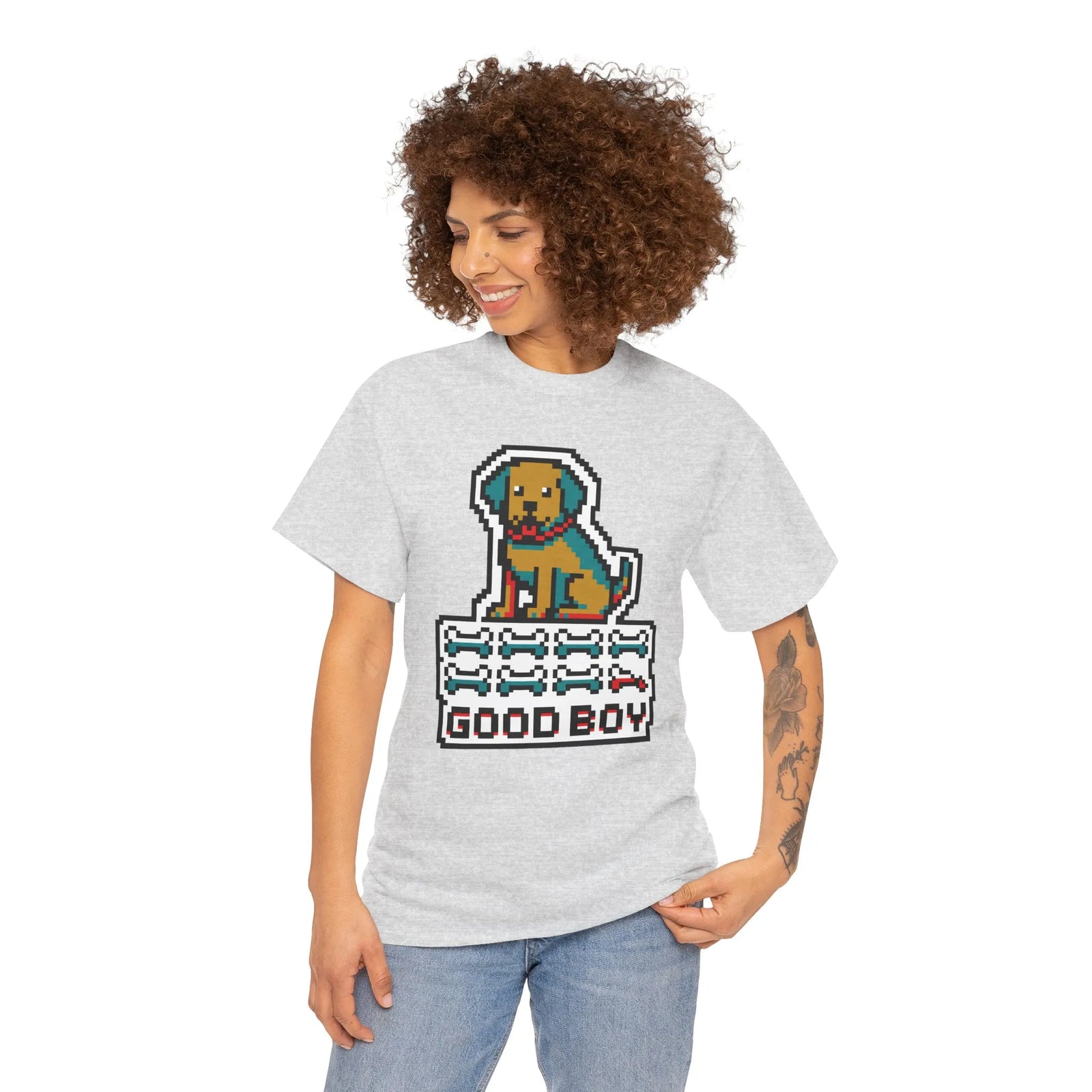 Good Boy 8-Bit Pixel Gaming Dogs T-Shirt - Heavy Cotton Classic Fit Tee - Unisex White