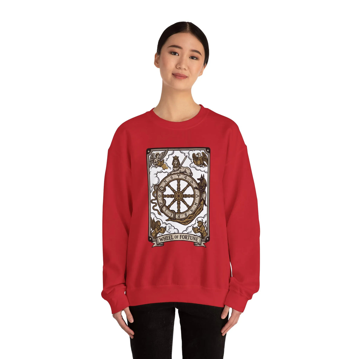 Wheel of Fortune Tarot Card Sweatshirt - Heavy Blend Crewneck Fleece - Unisex White