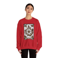 Wheel of Fortune Tarot Card Sweatshirt - Heavy Blend Crewneck Fleece - Unisex White