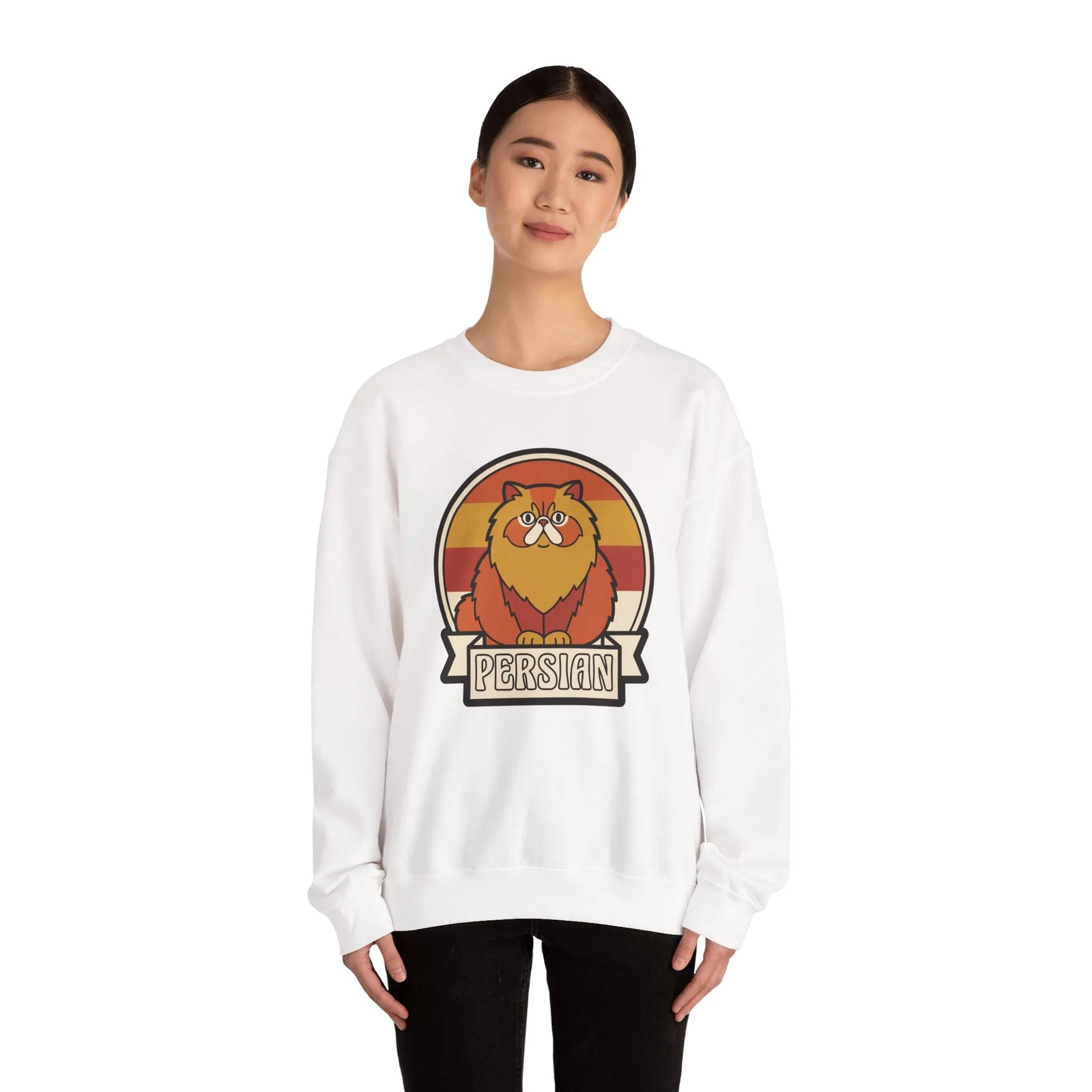 Retro Persian Cat Sunset Sweatshirt - Heavy Blend Cotton Blend Crewneck - Unisex White