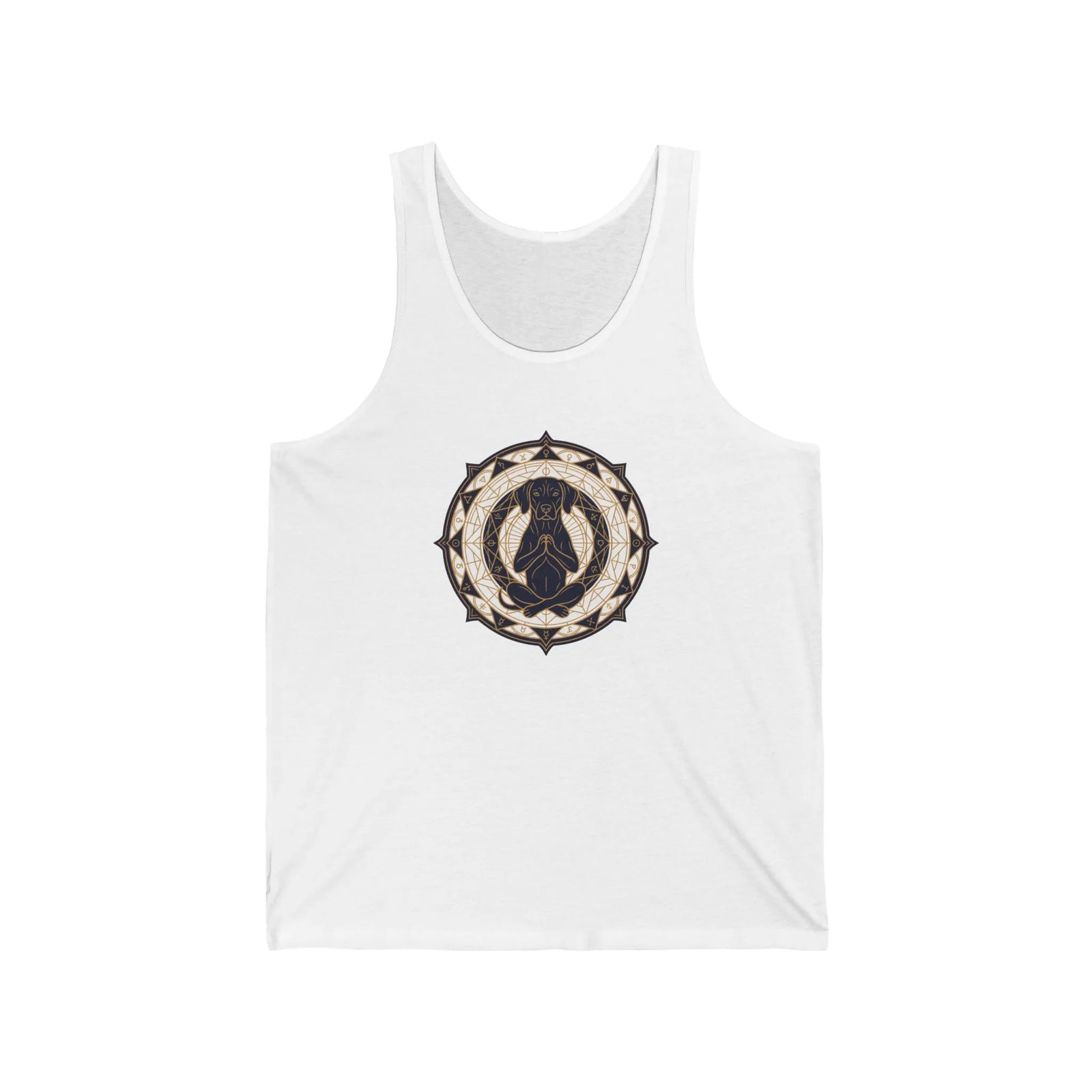 Meditating Dog Sacred Geometry Tank Top - Soft Airlume Cotton Retail Fit - Unisex White