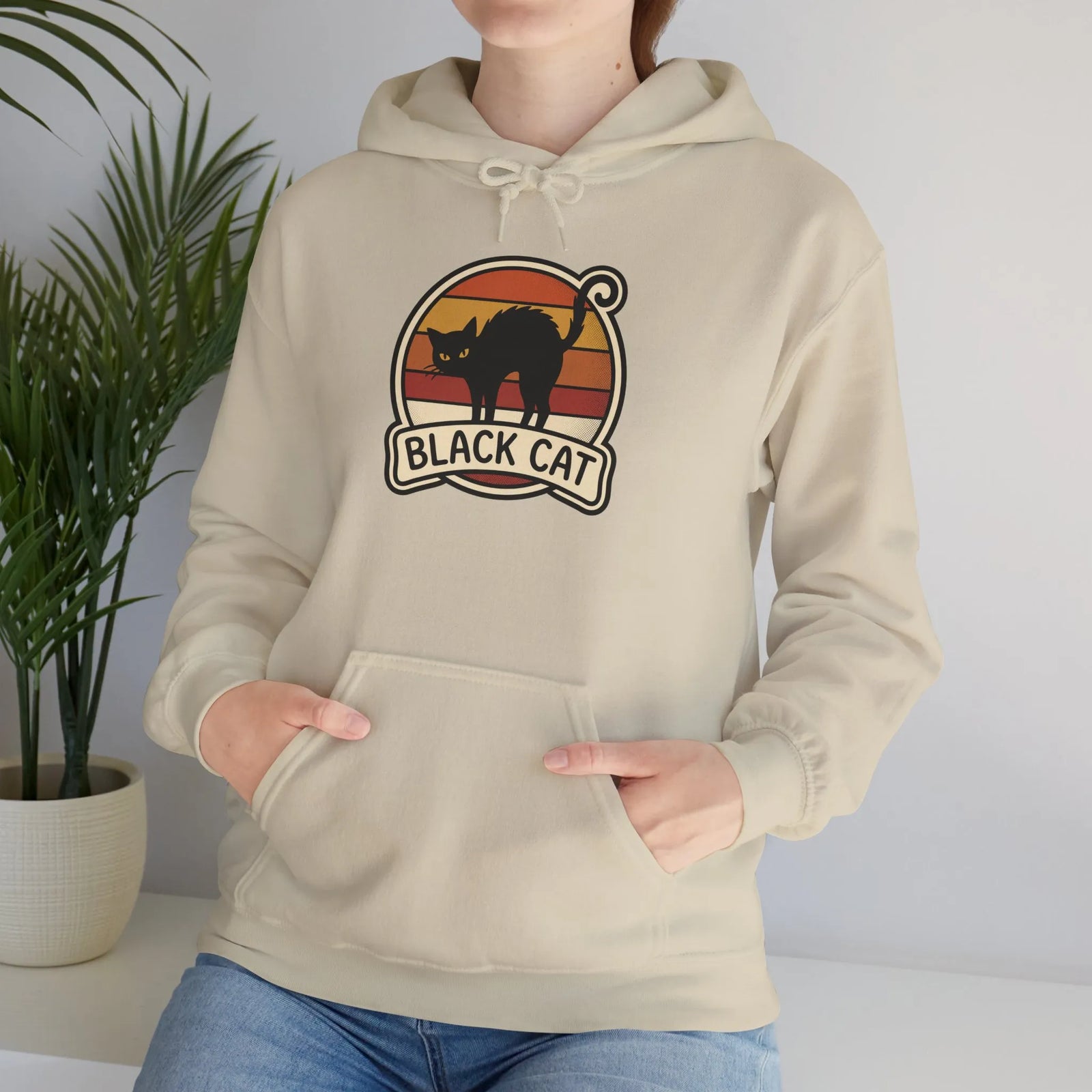 Black Cat Retro Sunset Hoodie - Heavy Blend Cotton-Poly Fleece - Unisex White