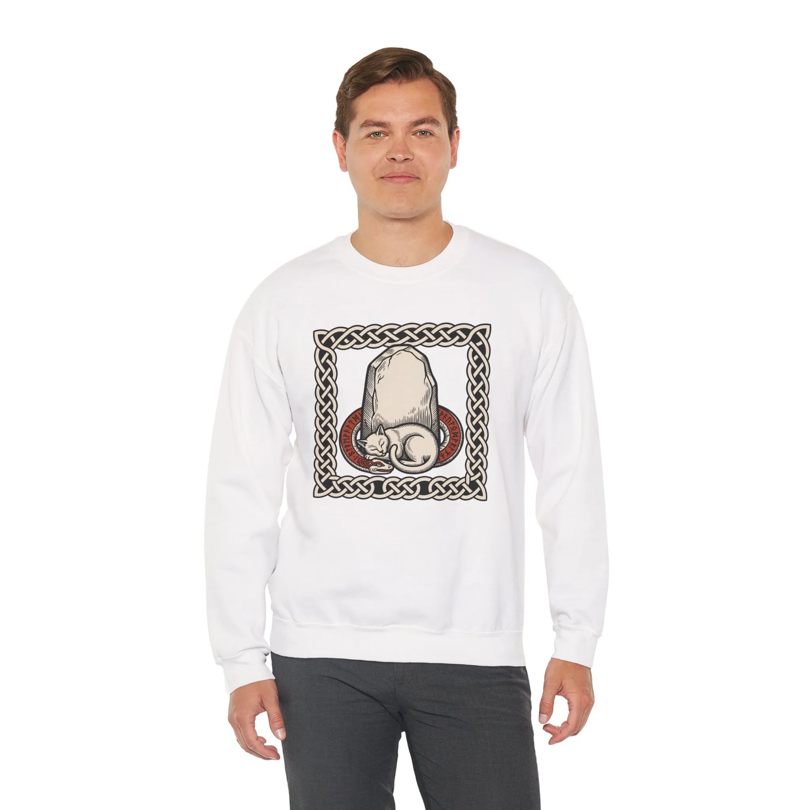 Runestone Cat Norse Woodcut Sweatshirt - Heavyweight Cotton Blend Crewneck - Unisex White