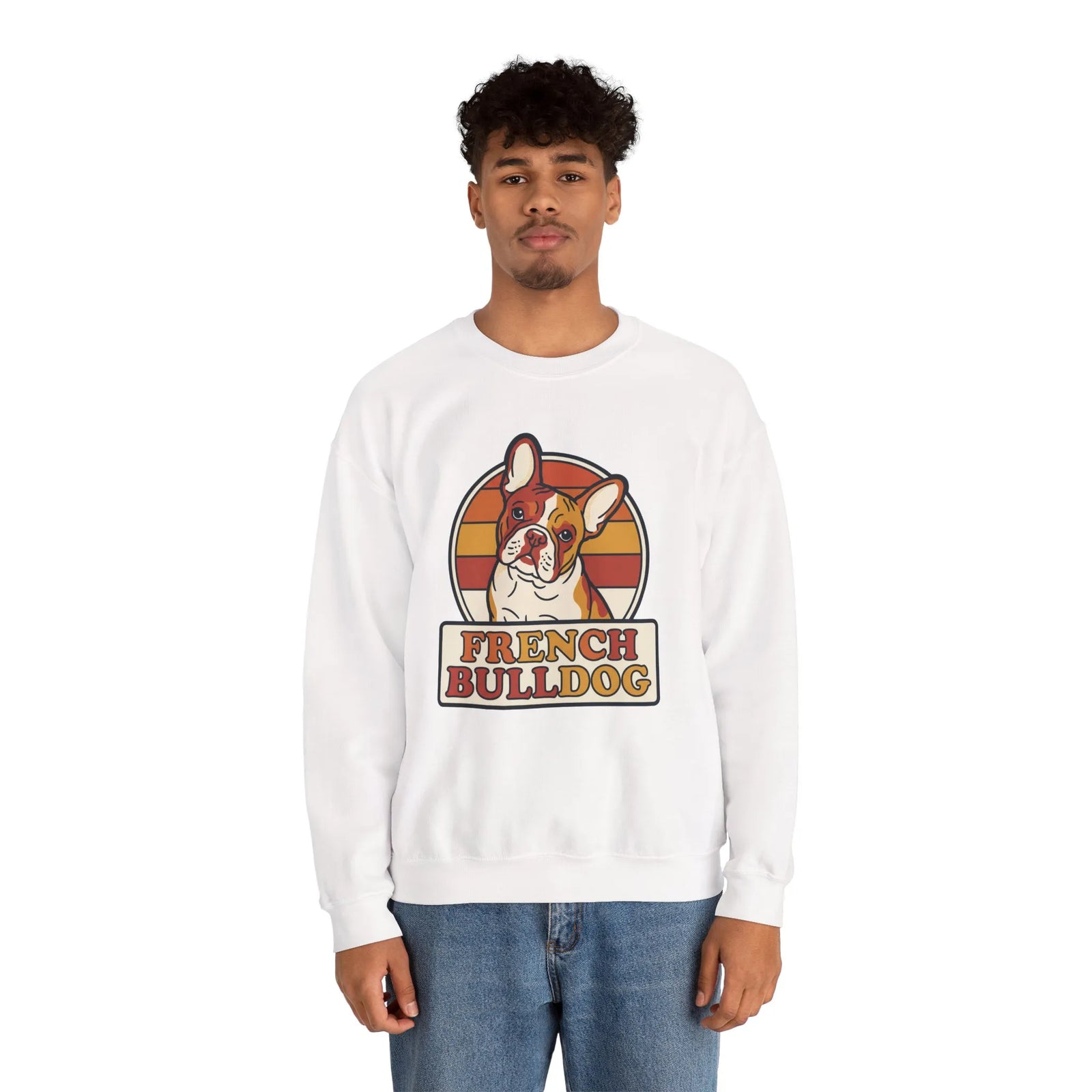 French Bulldog Retro Sunset Sweatshirt - Heavy Blend Classic Fit Crewneck - Unisex White