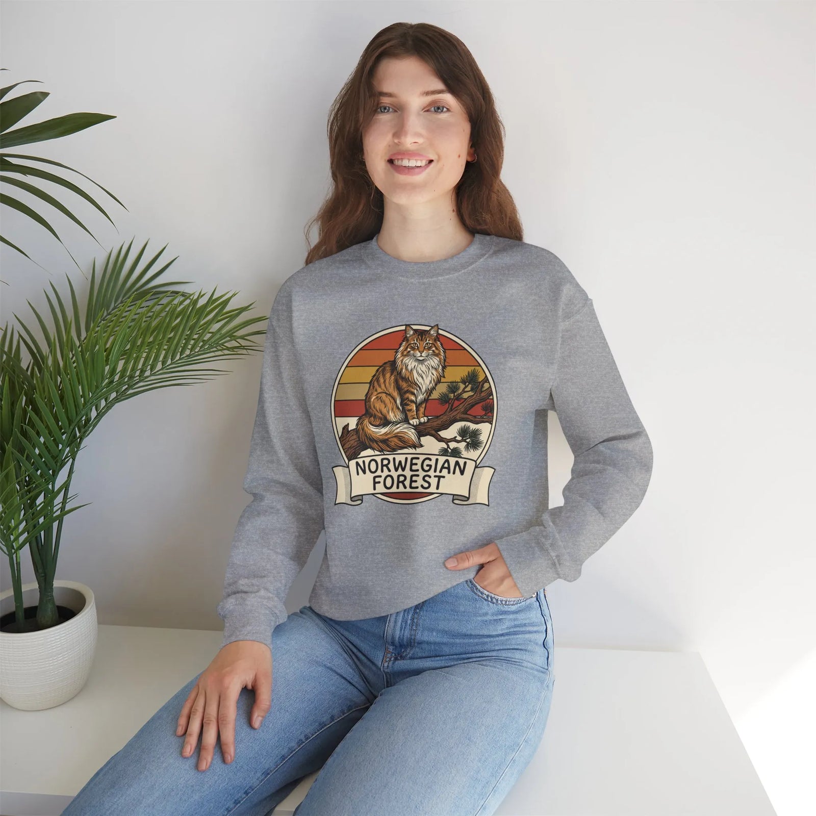 Norwegian Forest Cat Retro Sunset Sweatshirt - Heavy Blend Fleece Crewneck - Unisex White