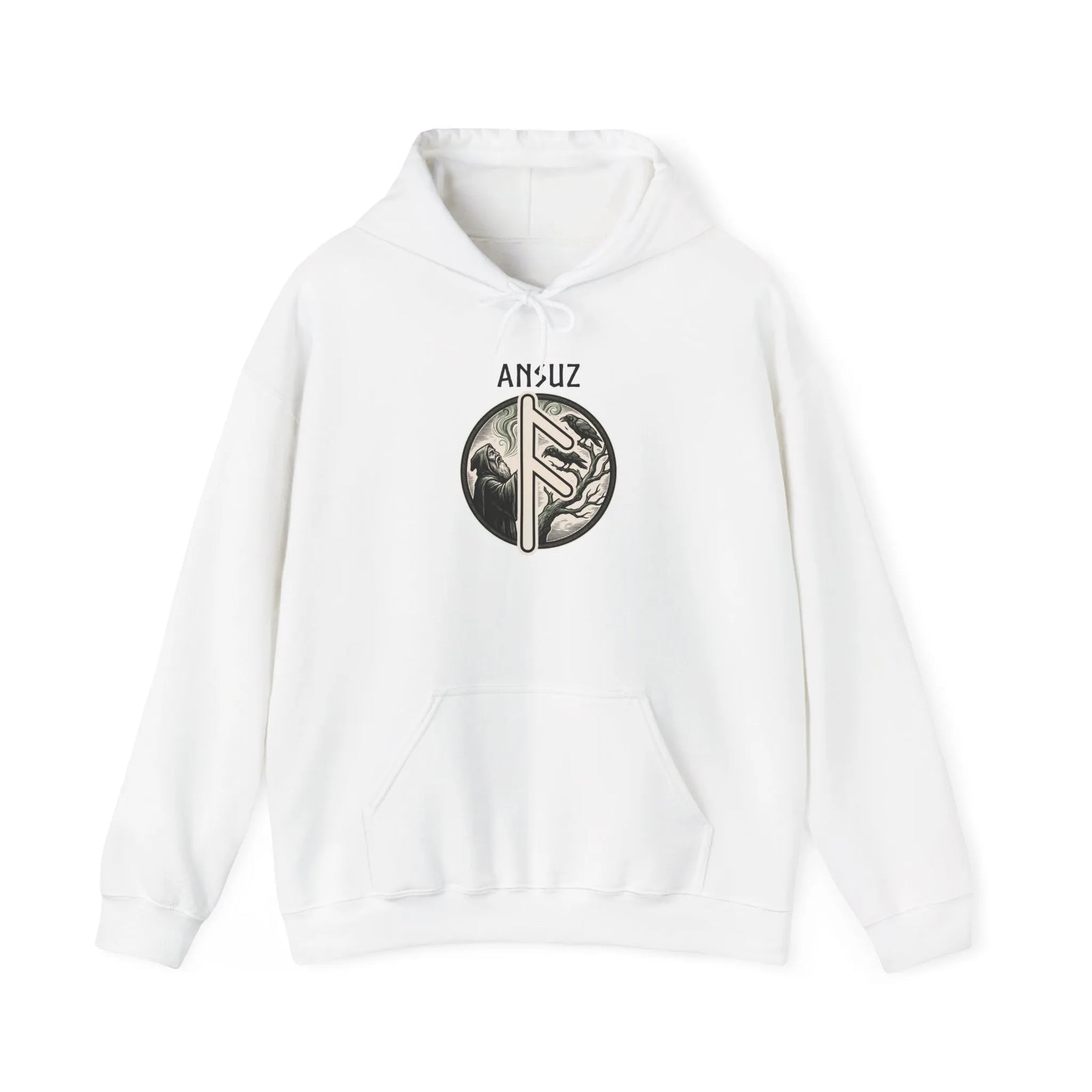 Ansuz Rune Norse Wisdom Graphic Hoodie - Heavy Blend Cotton-Poly Pullover - Unisex White