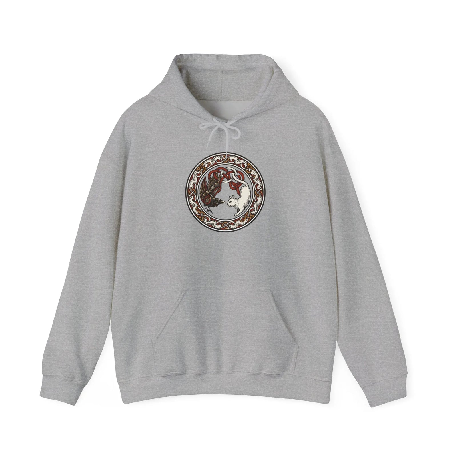 Freyja's Cats & Raven Norse Woodcut Hoodie - Soft Medium-Heavy Blend Pullover - Unisex White