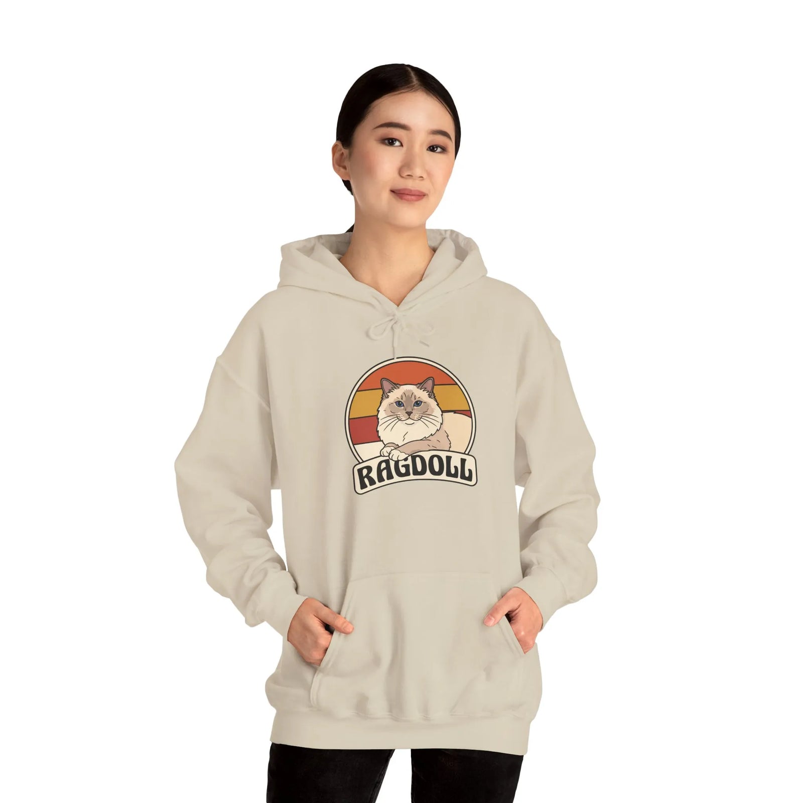Ragdoll Cat Retro 70s Sunset Hoodie - Soft Blend Fleece Pullover Hoodie - Unisex White