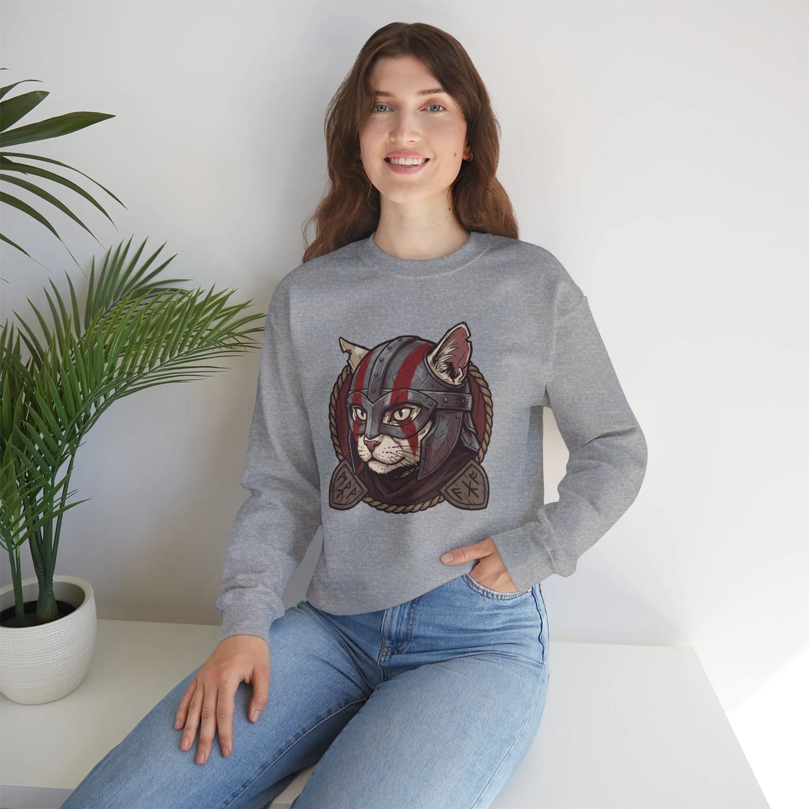 Viking Berserker Cat Graphic Sweatshirt - Heavy Blend Fleece Crewneck - Unisex White