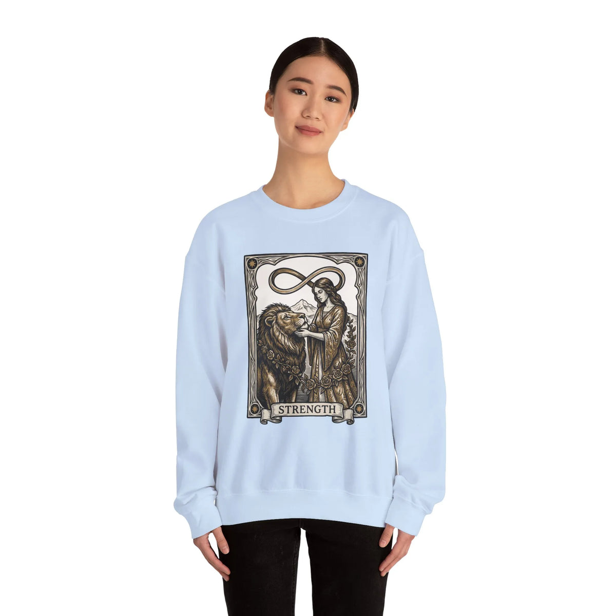 Strength Tarot Card Sweatshirt - Heavy Blend Crewneck Fleece - Unisex White