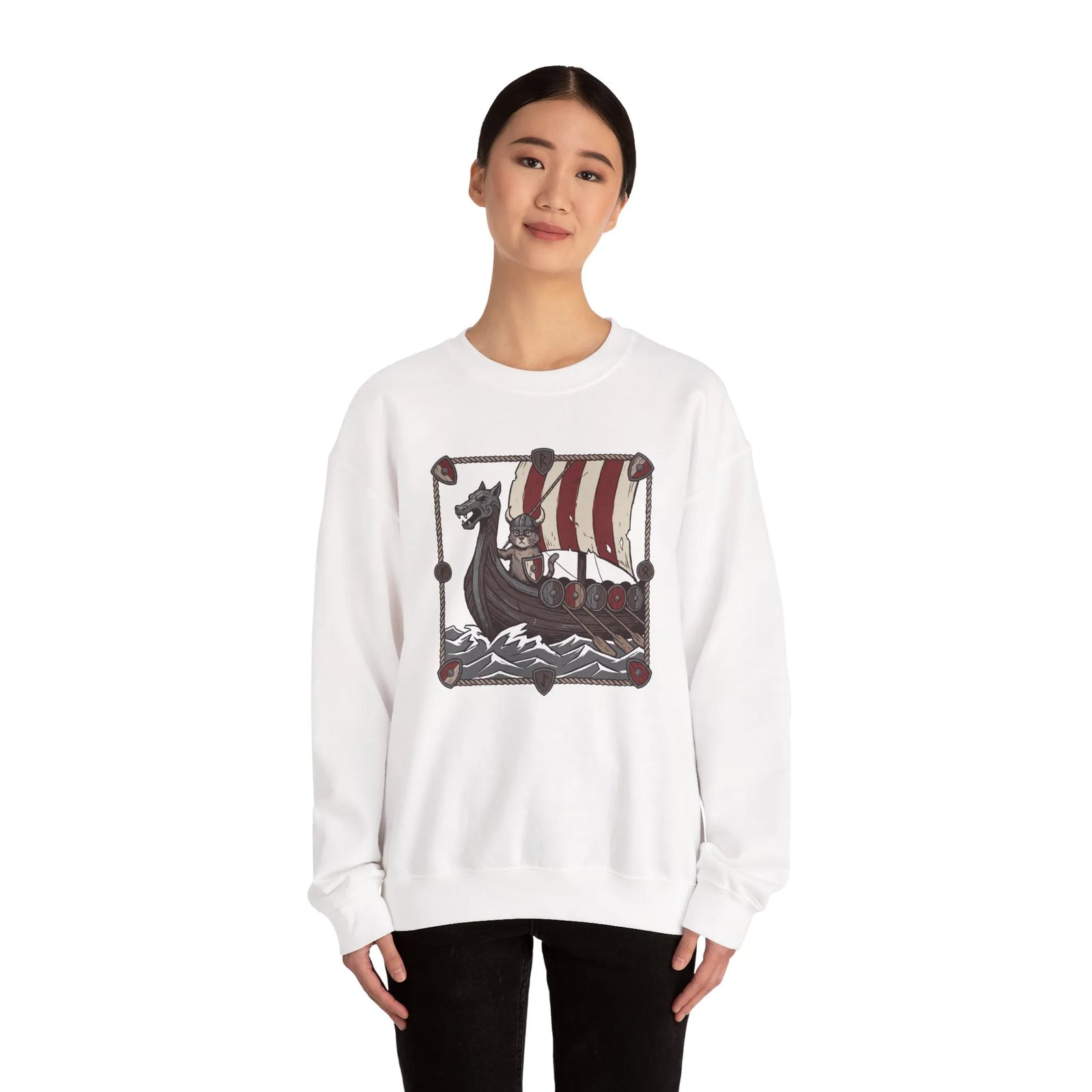 Longship Prow Viking Berserker Cats Sweatshirt - Heavyweight Cotton Blend Crewneck - Unisex White