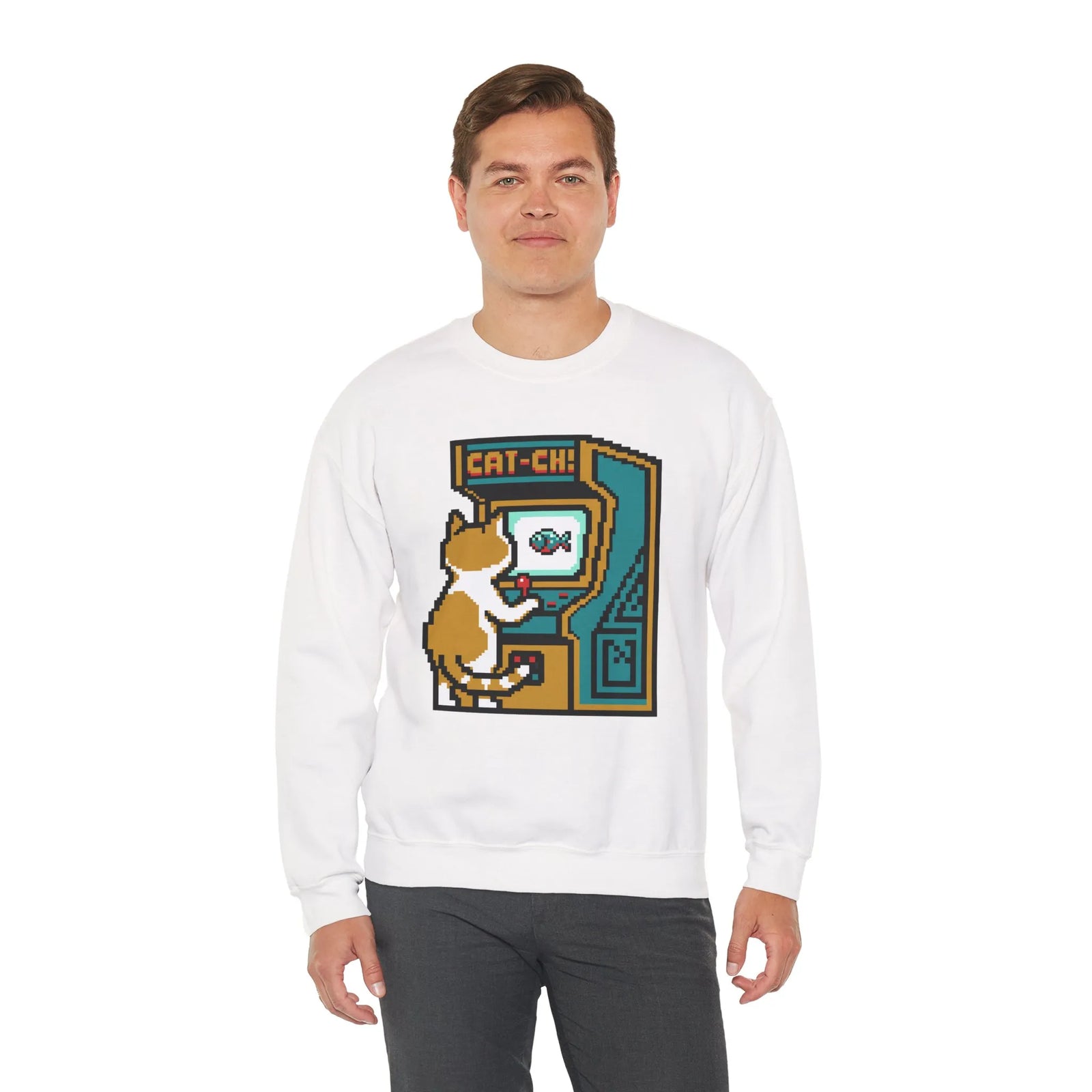 Arcade Night Pixel Gaming Cats Sweatshirt - Heavy Blend Fleece Crewneck - Unisex White