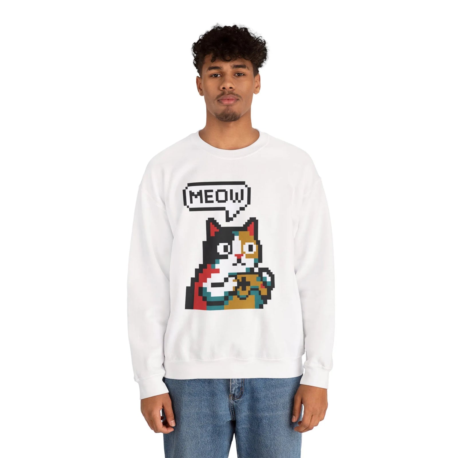 8-Bit Pixel Gaming Cat Sweatshirt - Heavy Blend Crewneck Classic Fit - Unisex White
