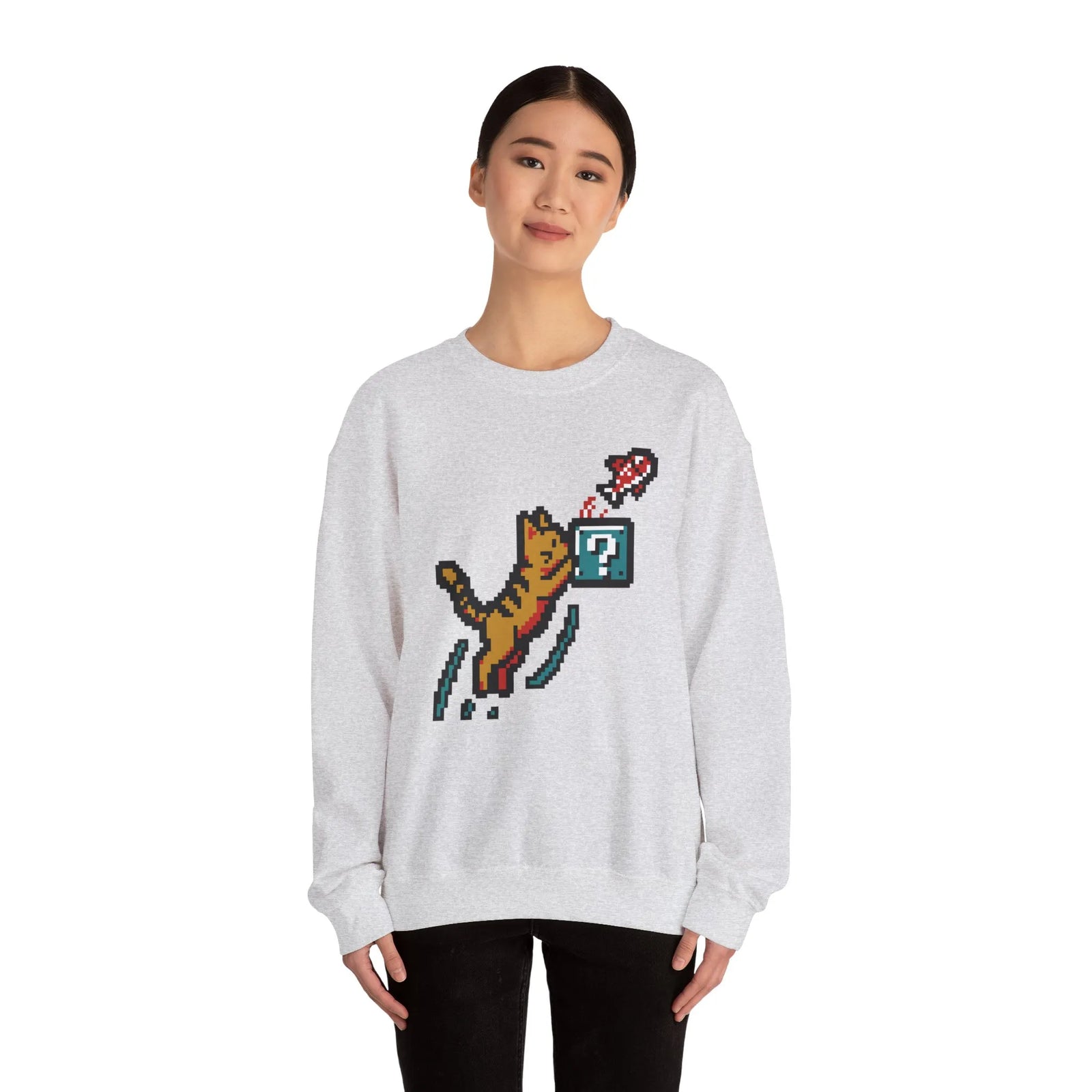8-Bit Pixel Gaming Cats Sweatshirt - Heavy Blend Fleece Crewneck - Unisex White