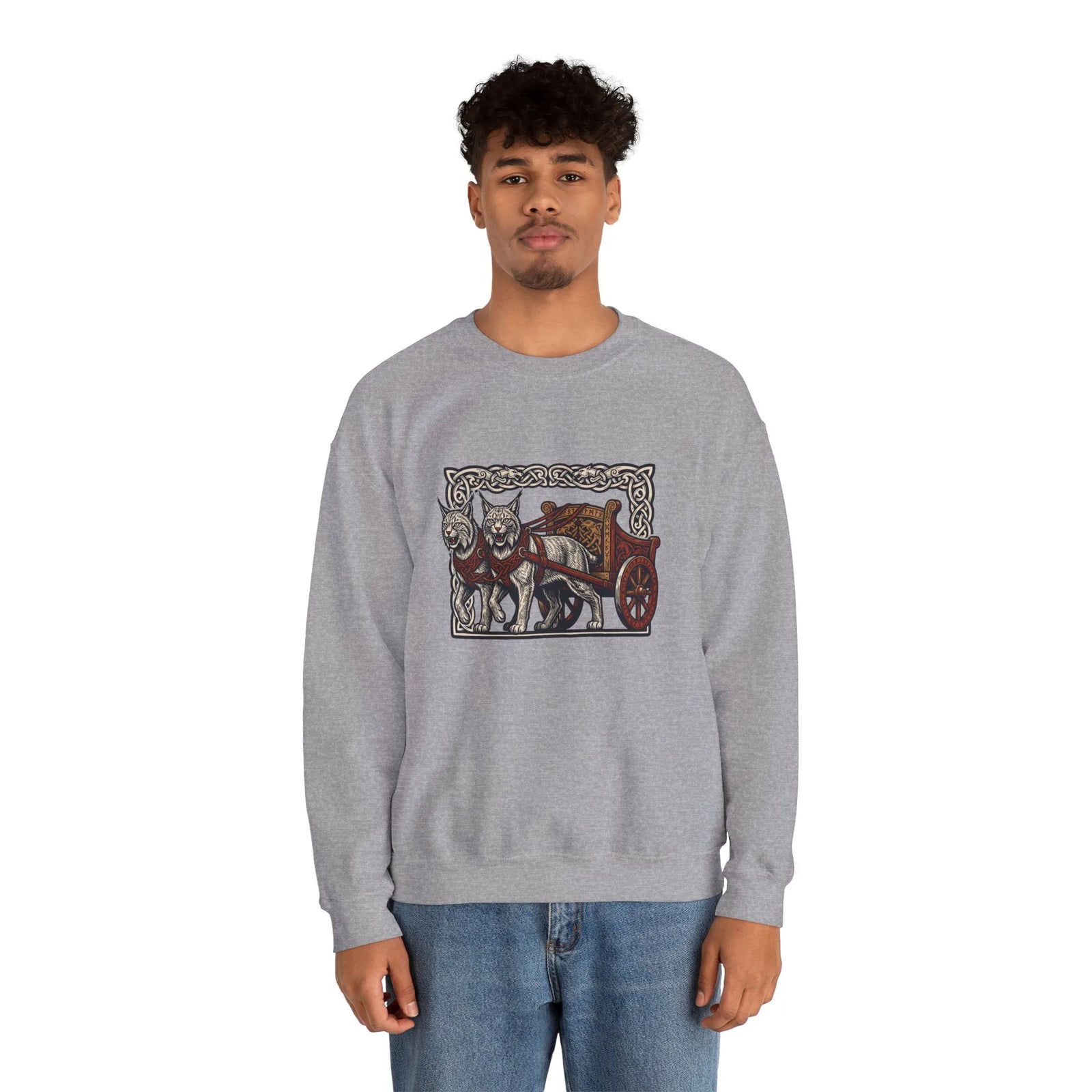 Freyja's Sacred Cats Norse Woodcut Sweatshirt - Heavy Blend Crewneck Fleece - Unisex White