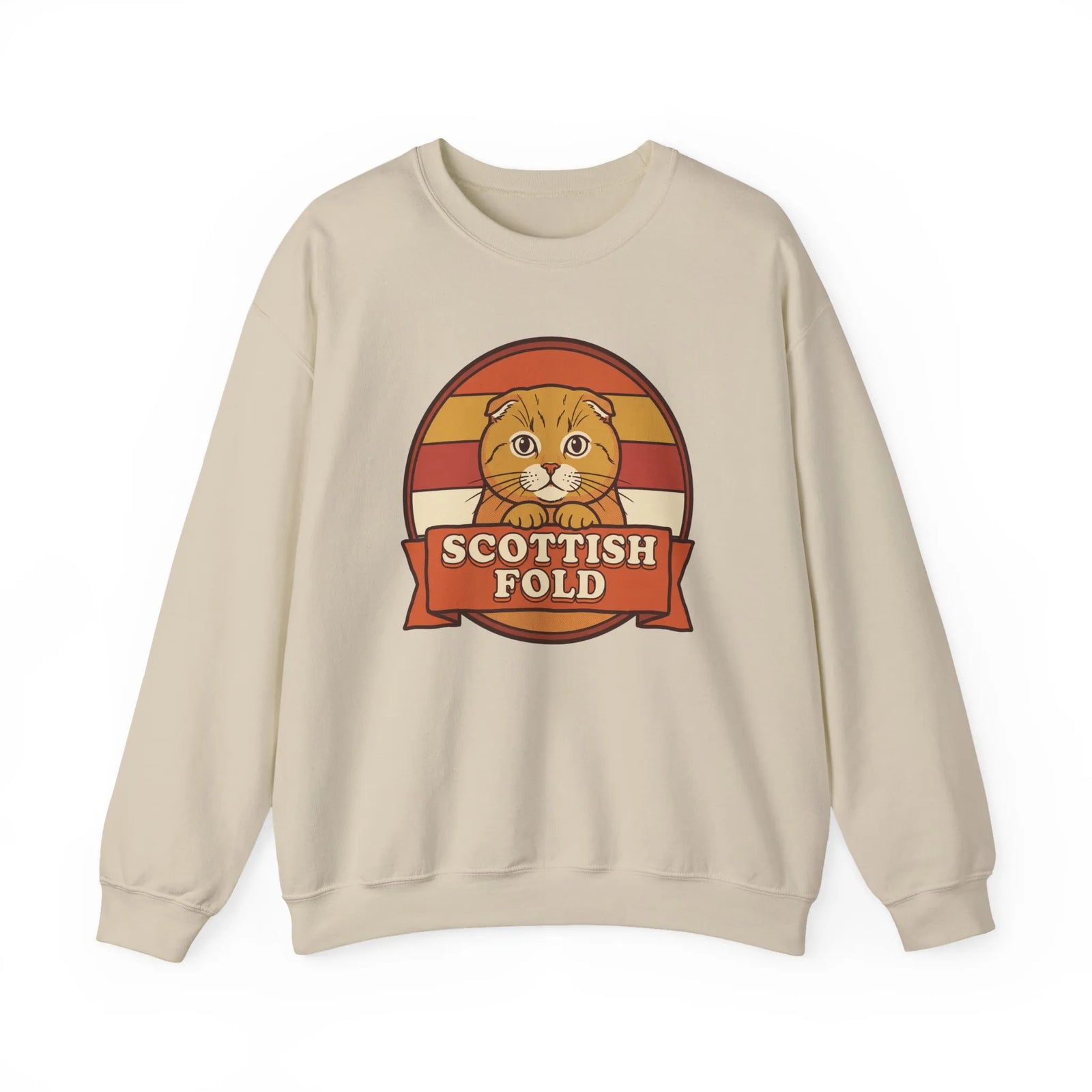 Scottish Fold Retro Sunset Sweatshirt - Heavyweight Cotton Blend Crewneck - Unisex White