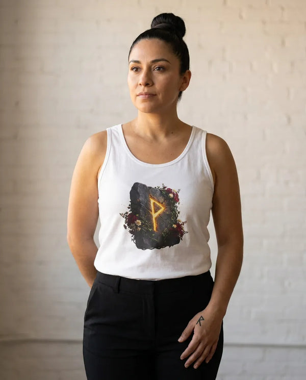Wunjo Rune Blossom Graphic Tank Top - Soft Ringspun Cotton Jersey - Unisex White