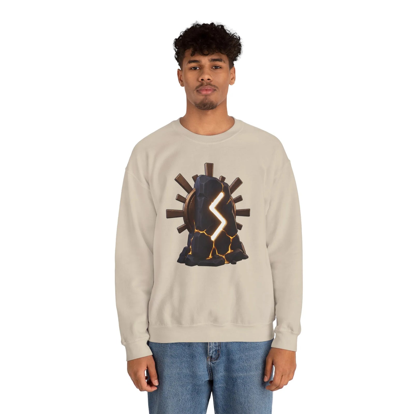 Sowulo Rune Sun Graphic Sweatshirt - Classic Fit Fleece Crewneck - Unisex White