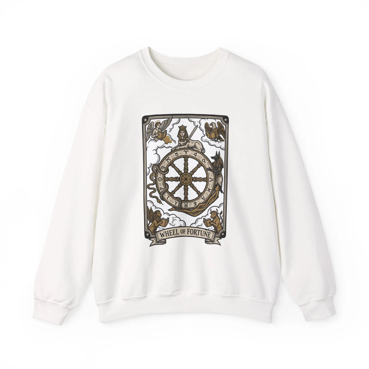 Wheel of Fortune Tarot Card Sweatshirt - Heavy Blend Crewneck Fleece - Unisex White