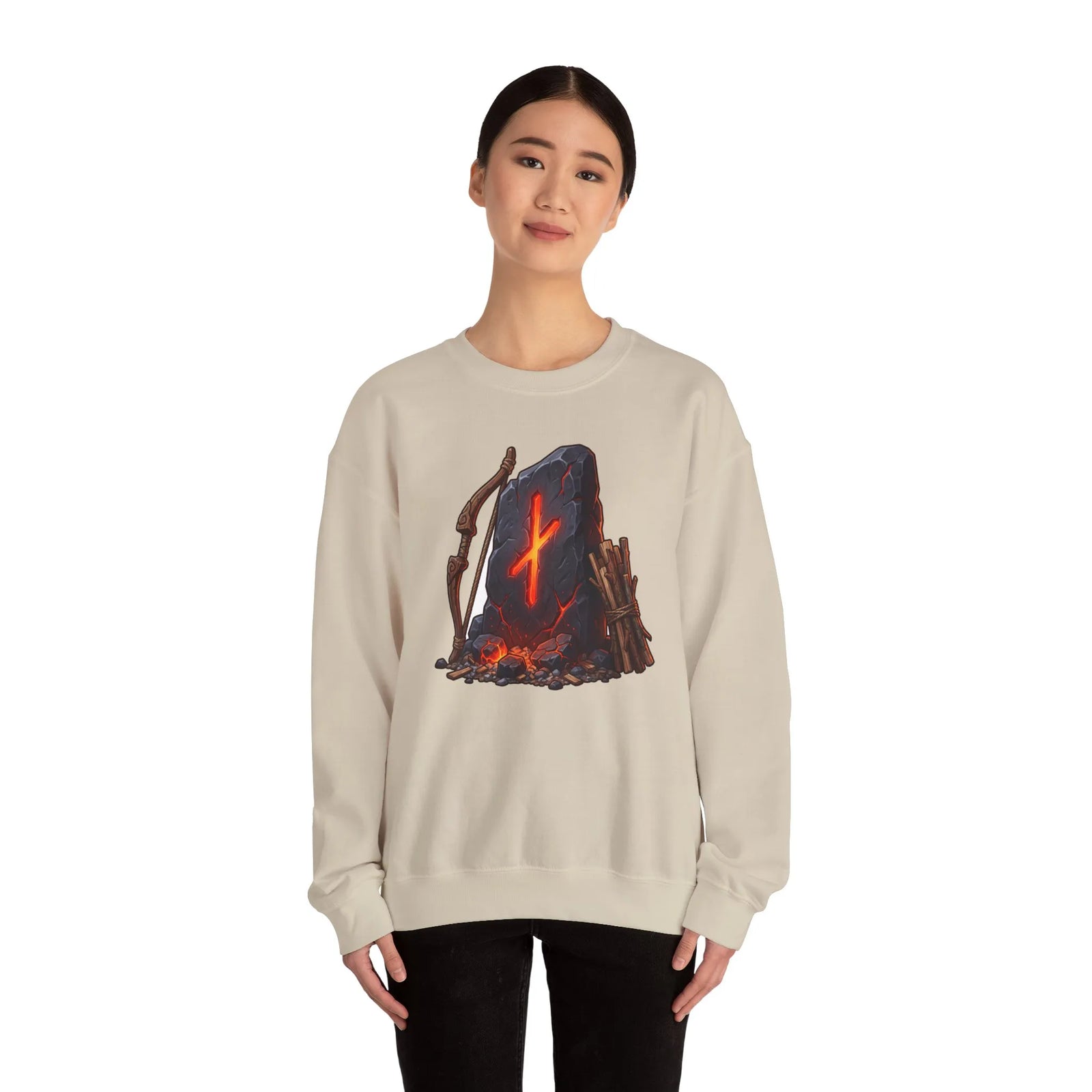 Nauthiz Rune Need-Fire Graphic Sweatshirt - Heavy Blend Crewneck Fleece - Unisex White