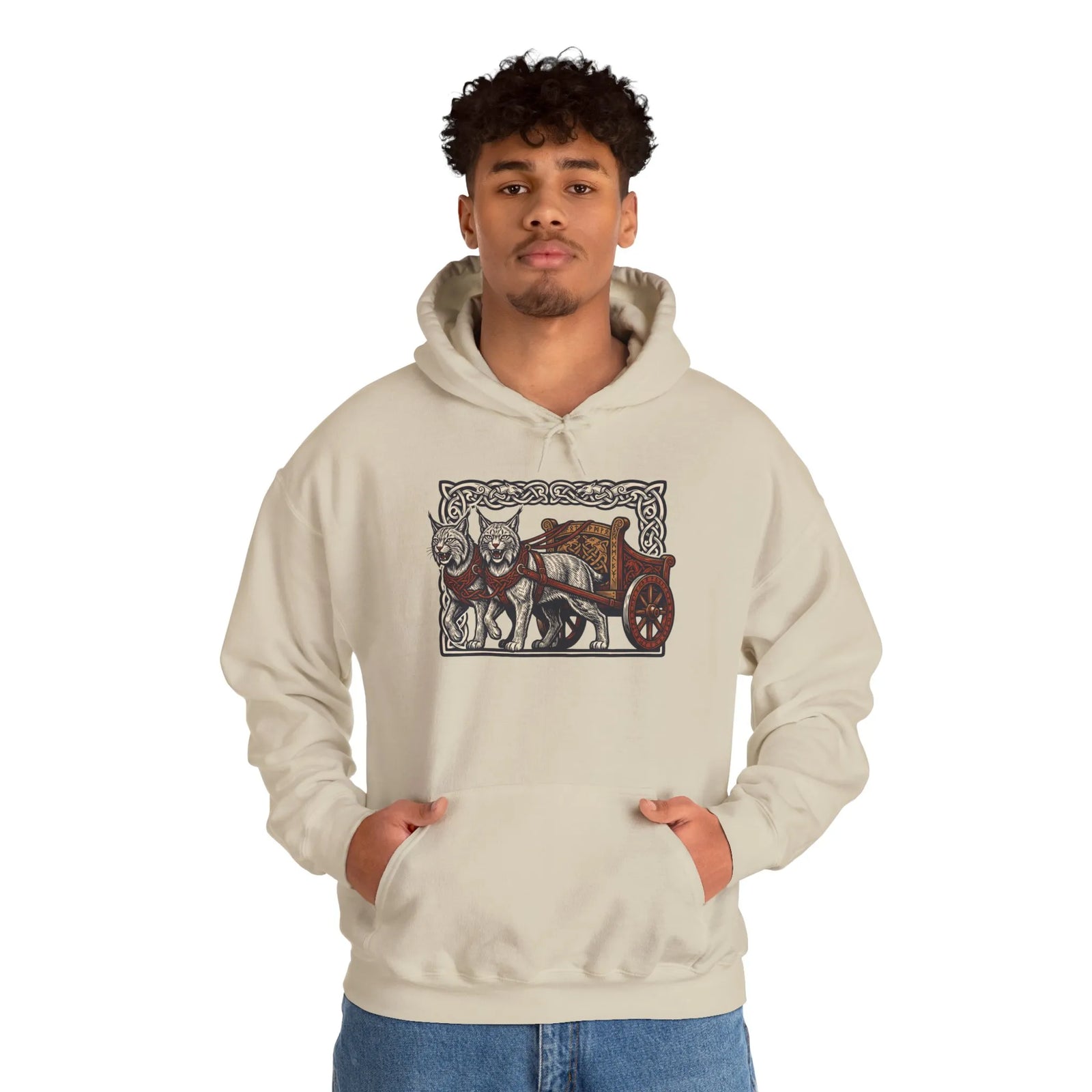 Freyja's Sacred Cats Chariot Graphic Hoodie - Cozy Fleece Pullover Hoodie - Unisex Off White