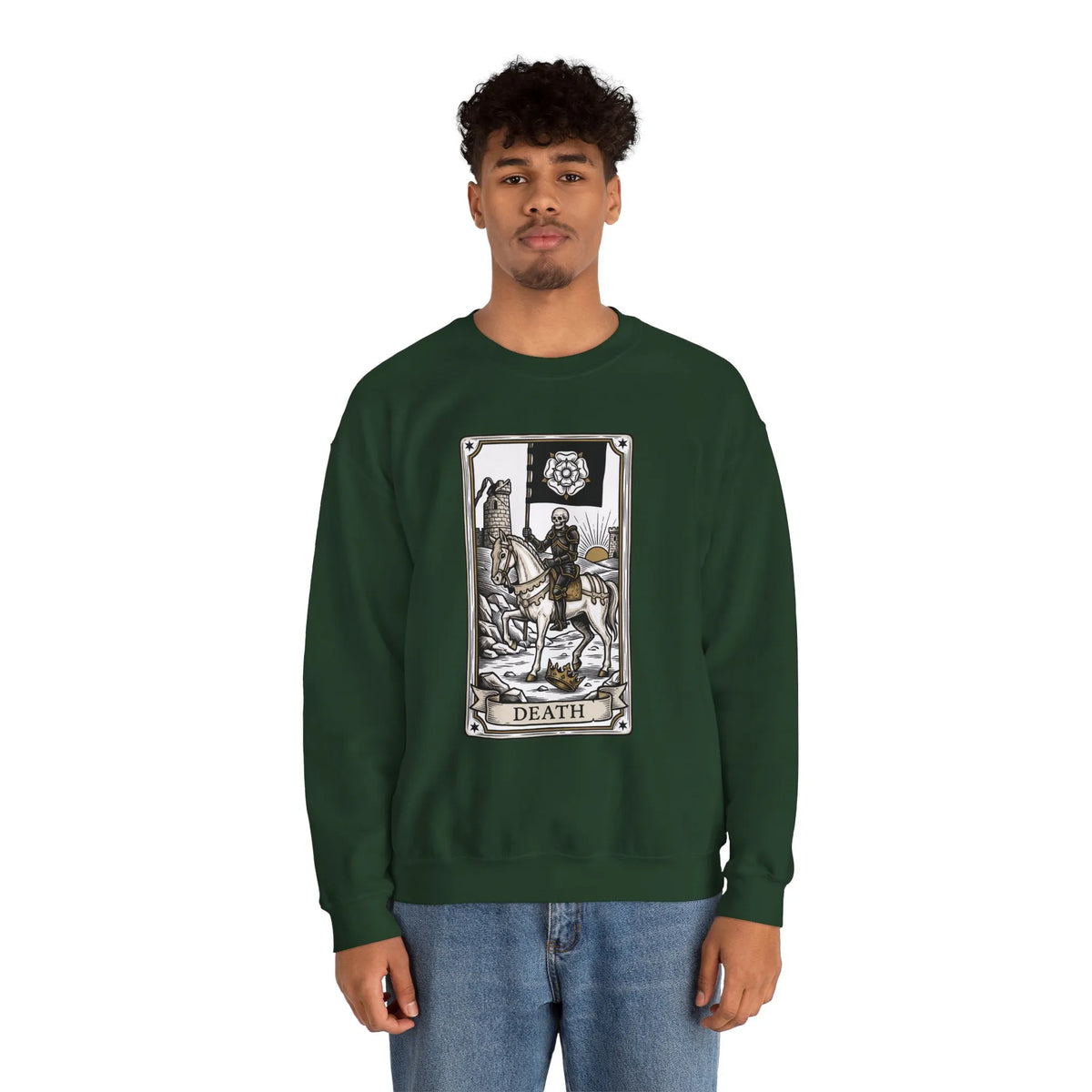 Tarot Death Card Graphic Sweatshirt - Heavy Blend Classic Fit Crewneck - Unisex White
