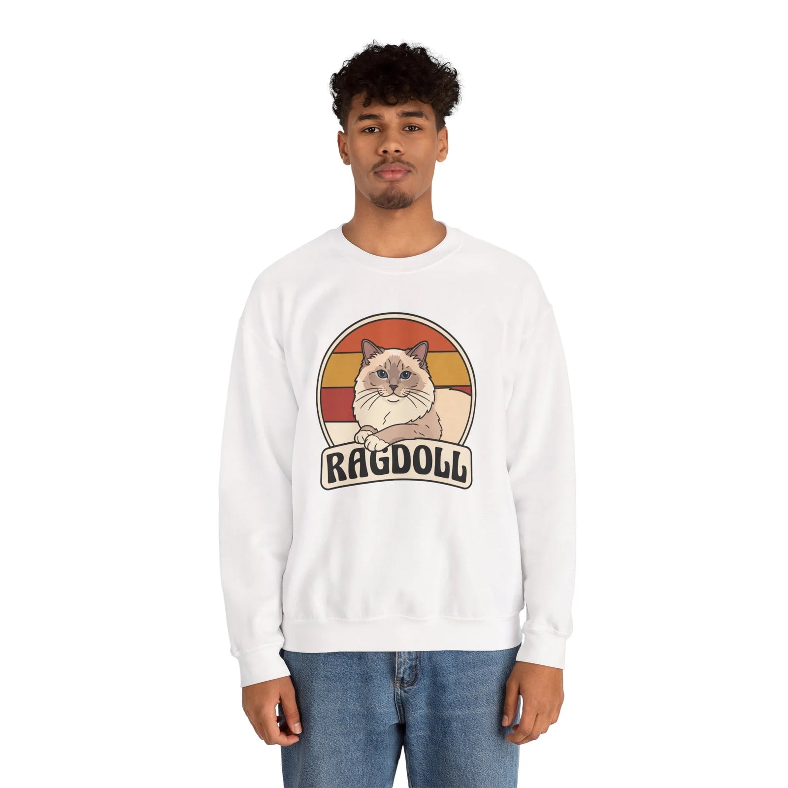 Ragdoll Cat Retro Sunset Sweatshirt - Heavy Blend Fleece Crewneck - Unisex White