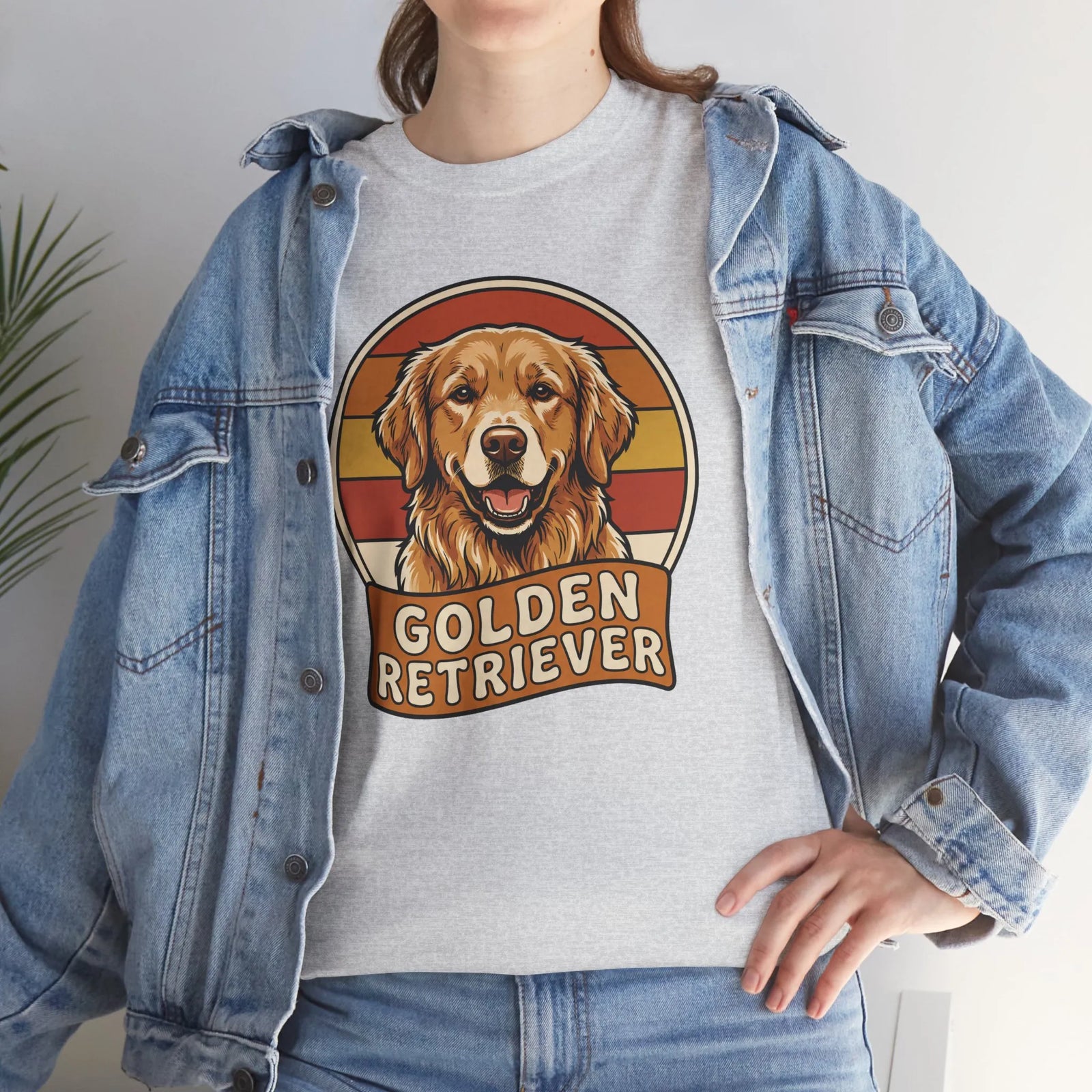 Golden Retriever Retro 70s Sunset T-Shirt - Heavy Cotton Classic Fit Tee - Unisex White