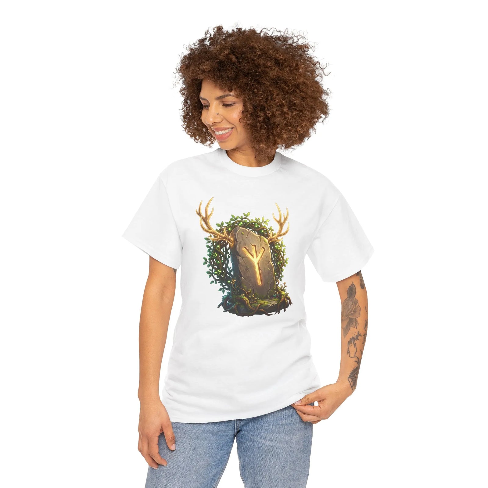 Elhaz Rune Elk Protection T-Shirt - Heavy Cotton Classic Fit Tee - Unisex White