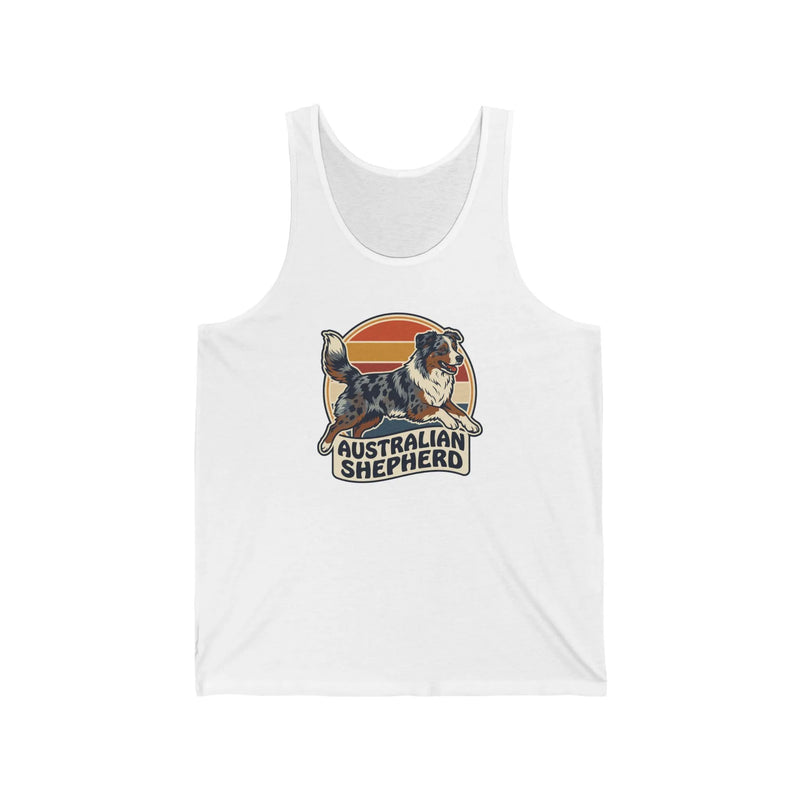 Australian Shepherd Retro Sunset Tank Top - Lightweight Ringspun Jersey - Unisex White