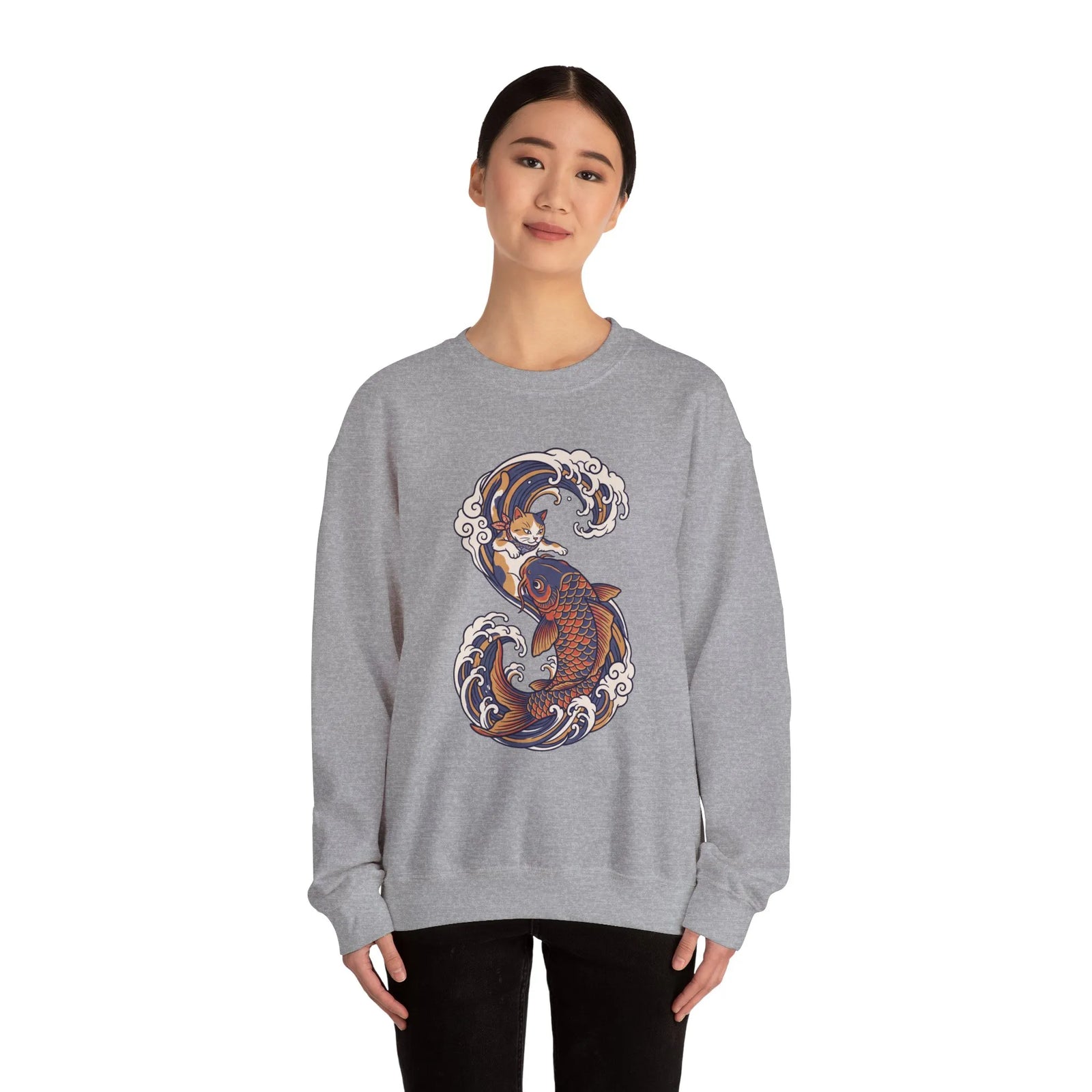 Koi Rider Ukiyo-e Samurai Cats Sweatshirt - Heavy Blend Fleece Crewneck - Unisex Ash