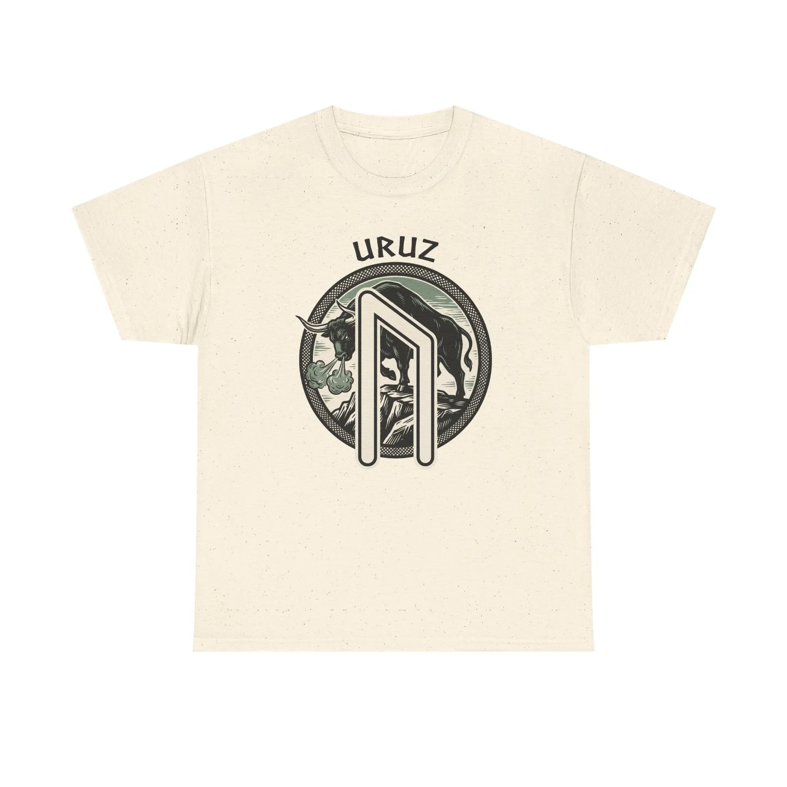 Uruz Runic Bull Graphic T-Shirt - Heavyweight Cotton Classic Fit Tee - Unisex White
