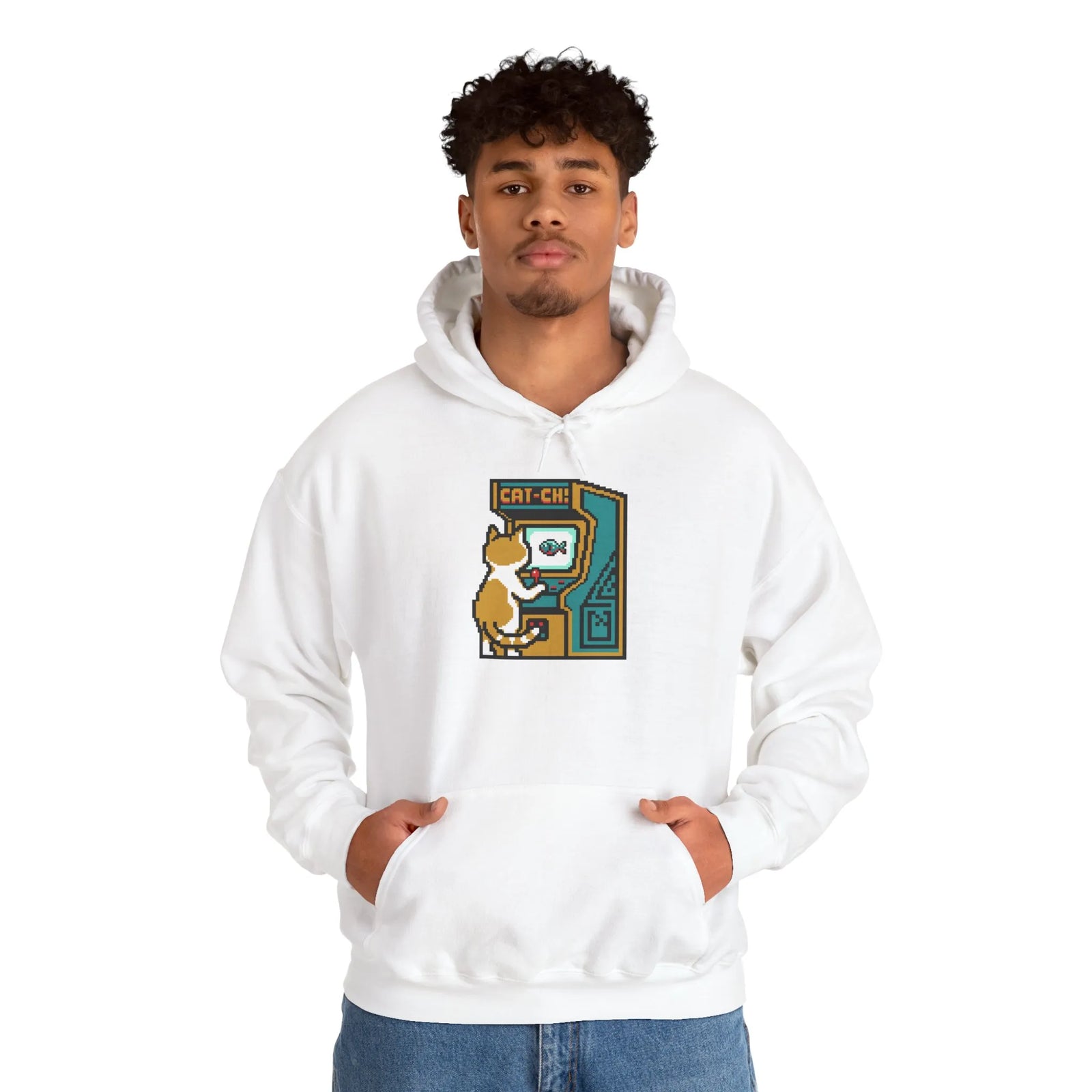 Arcade Gaming Pixel Cat Hoodie - Classic Fit Cotton Blend Pullover - Unisex White