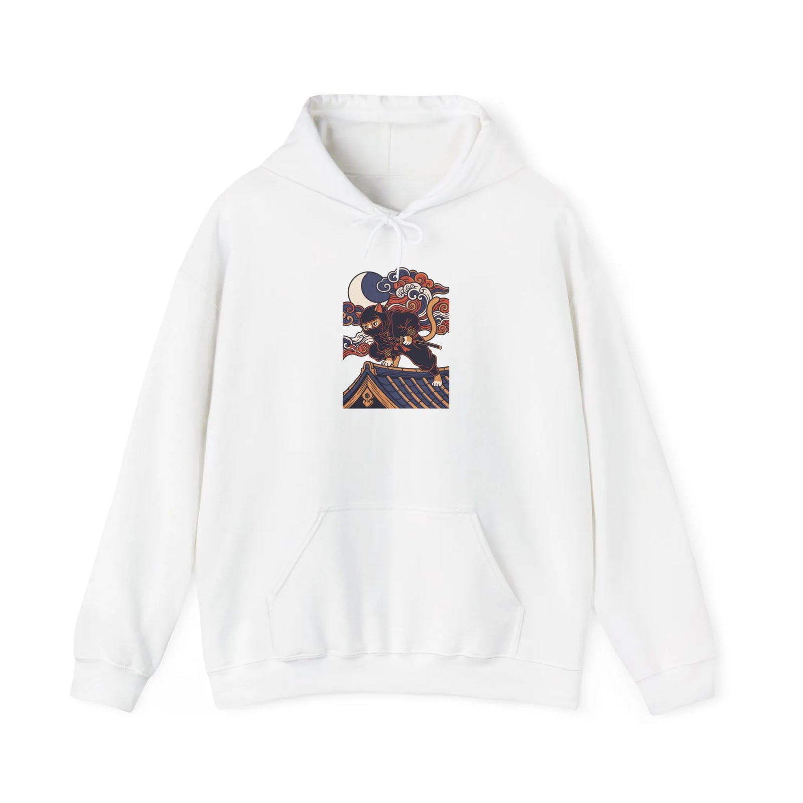 Ninja Cat Ukiyo-e Samurai Hoodie - Soft Fleece Blend Pullover - Unisex White