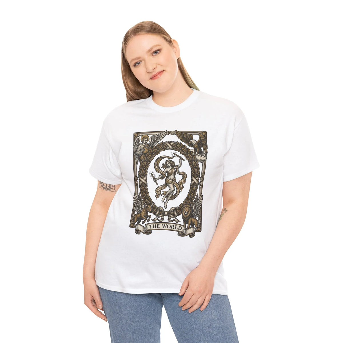 The World Tarot Card Graphic T-Shirt - Heavy Cotton Classic Fit Tee - Unisex White