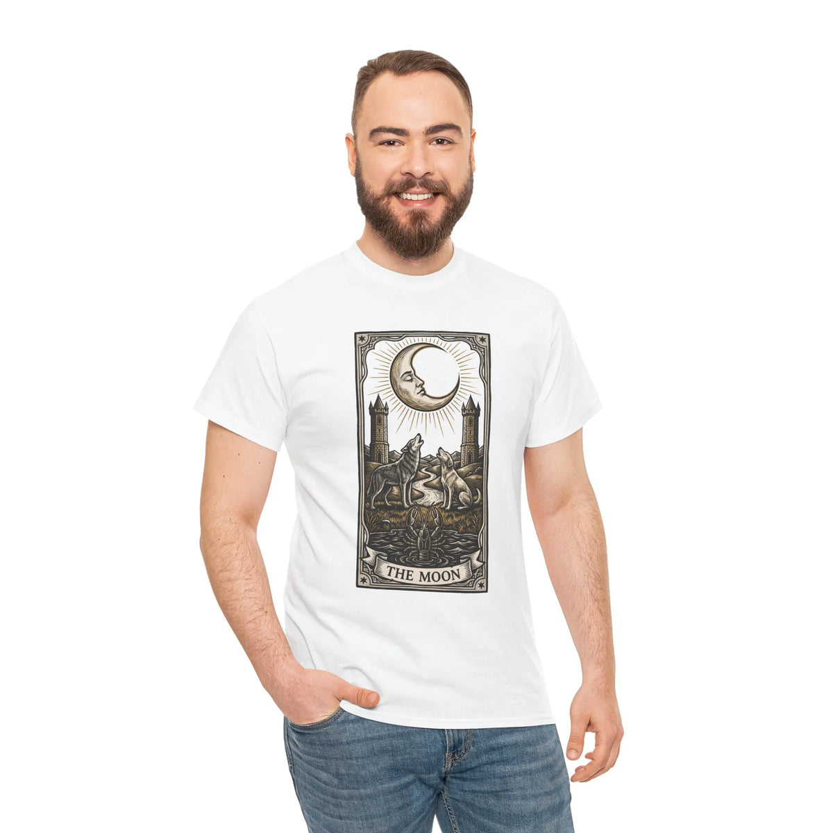 Moonlight Wolves Tarot Graphic T-Shirt - Heavy Cotton Classic Fit Crewneck - Unisex White