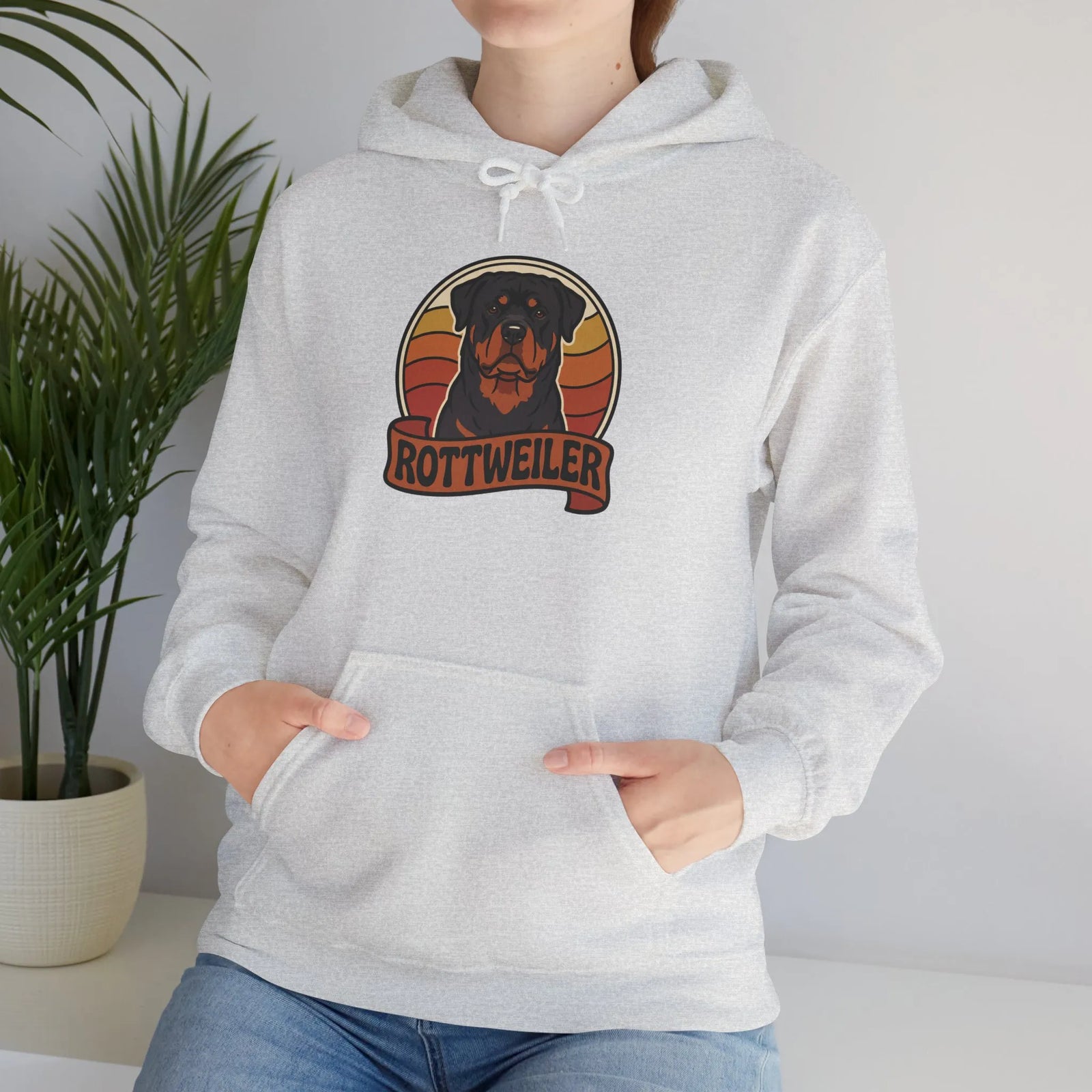 Rottweiler Retro 70s Sunset Hoodie - Soft Blend Classic Fit Pullover - Unisex White