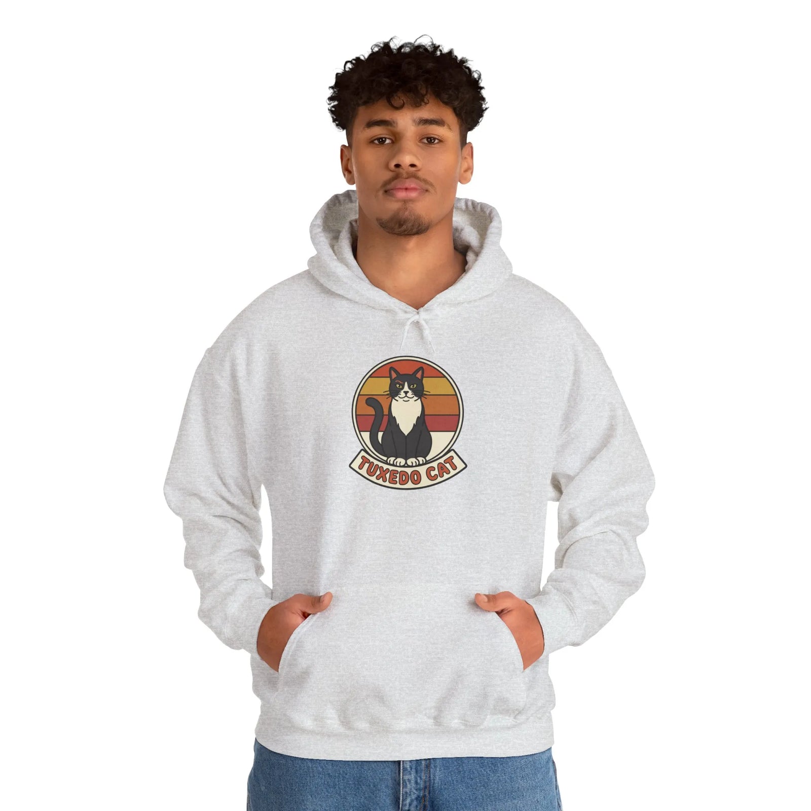 Tuxedo Cat Retro Sunset Hoodie - Soft Cotton Blend Pullover - Unisex White