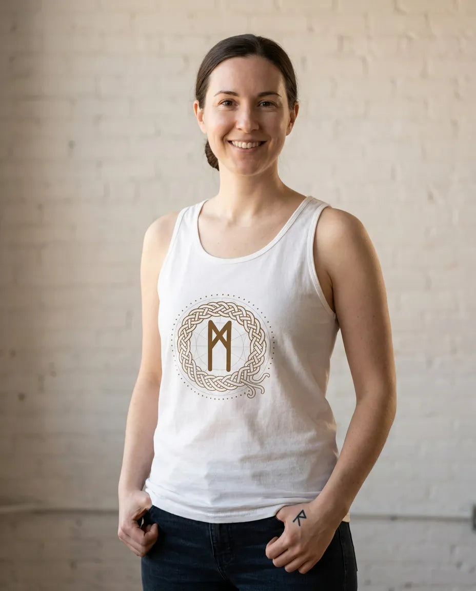 Mannaz Rune Symbol Graphic Tank Top - Lightweight Combed Cotton Retail Fit - Unisex White