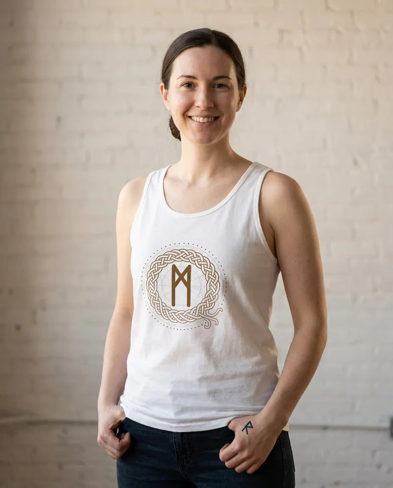 Mannaz Rune Symbol Graphic Tank Top - Lightweight Combed Cotton Retail Fit - Unisex White