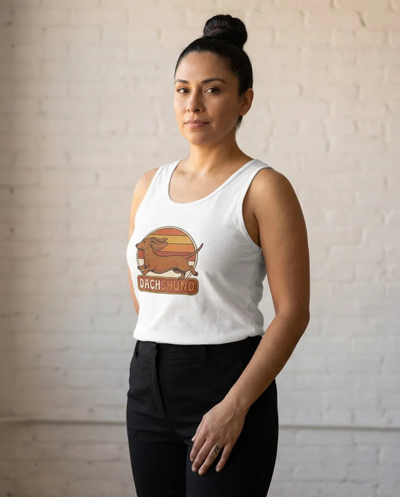 Retro 70s Sunset Dachshund Tank Top - Soft Lightweight Jersey - Unisex White