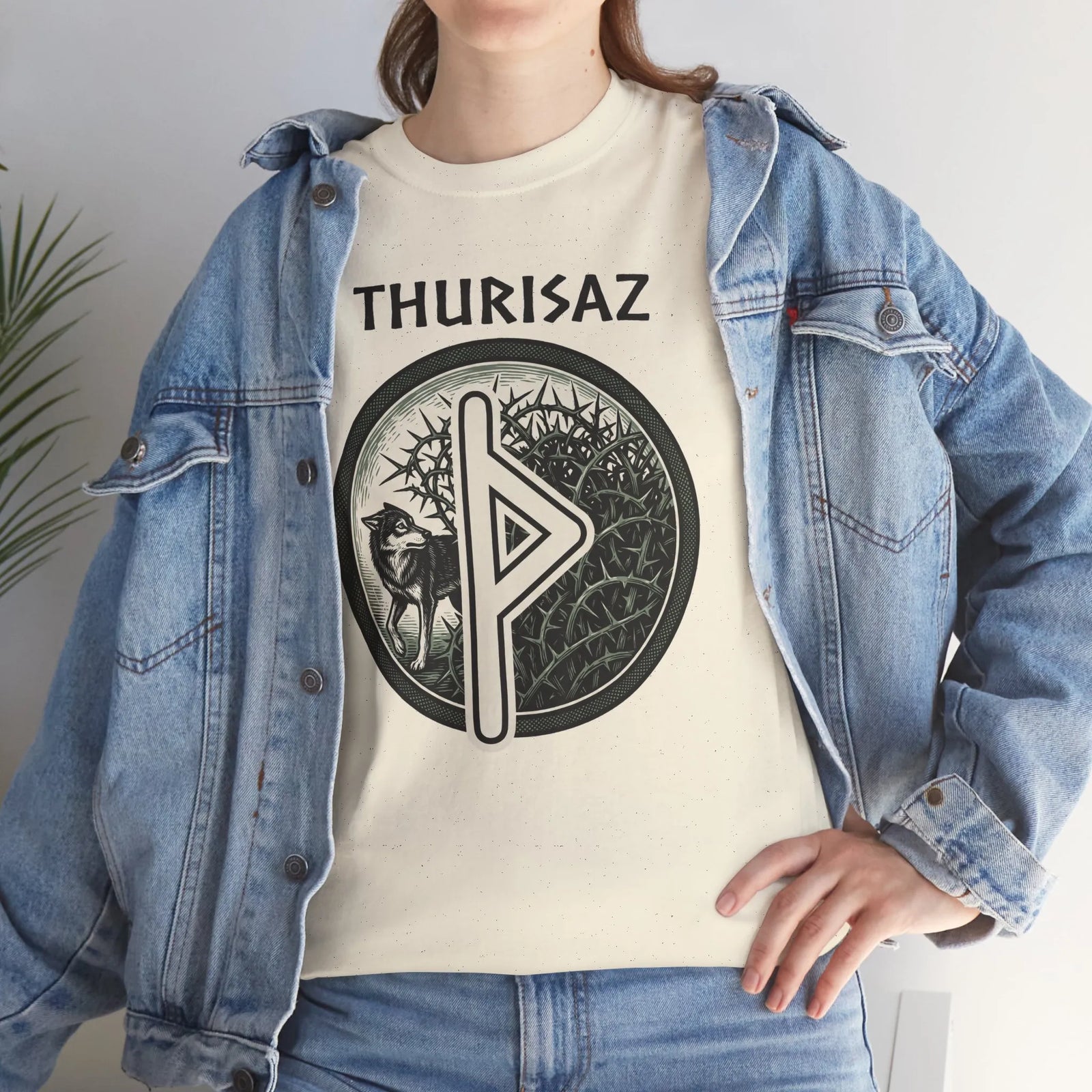 Thurisaz Rune Wolf Thorn T-Shirt - Medium Weight 100% Cotton Tee - Unisex White