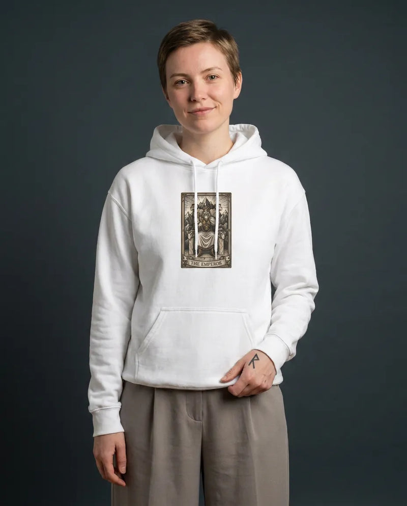 The Emperor Tarot Card Hoodie - Heavyweight Cotton Blend Pullover - Unisex White