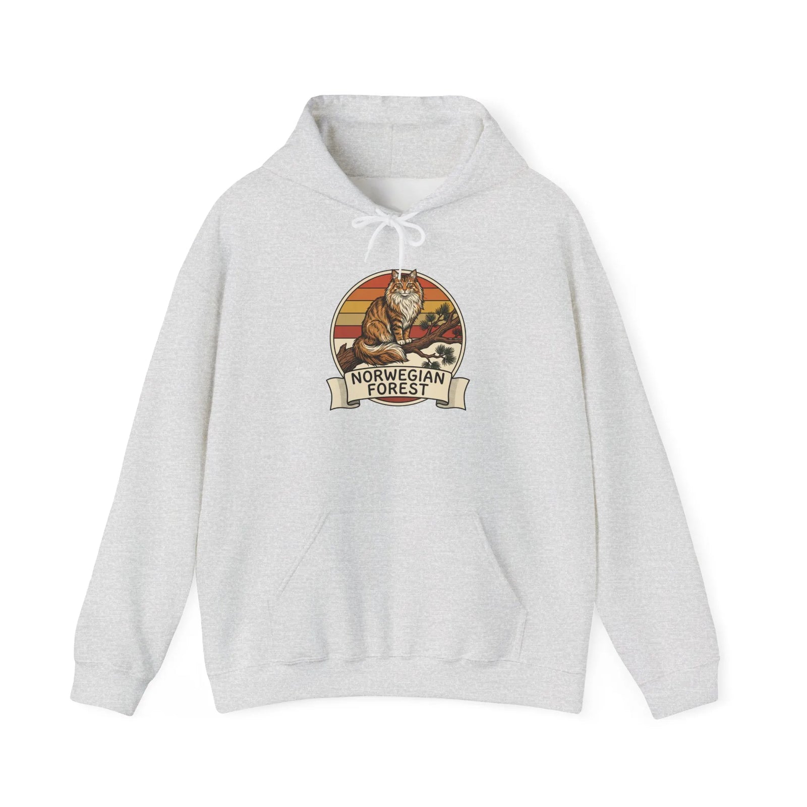 Norwegian Forest Cat Retro Sunset Hoodie - Heavy Cotton-Poly Blend Pullover - Unisex White