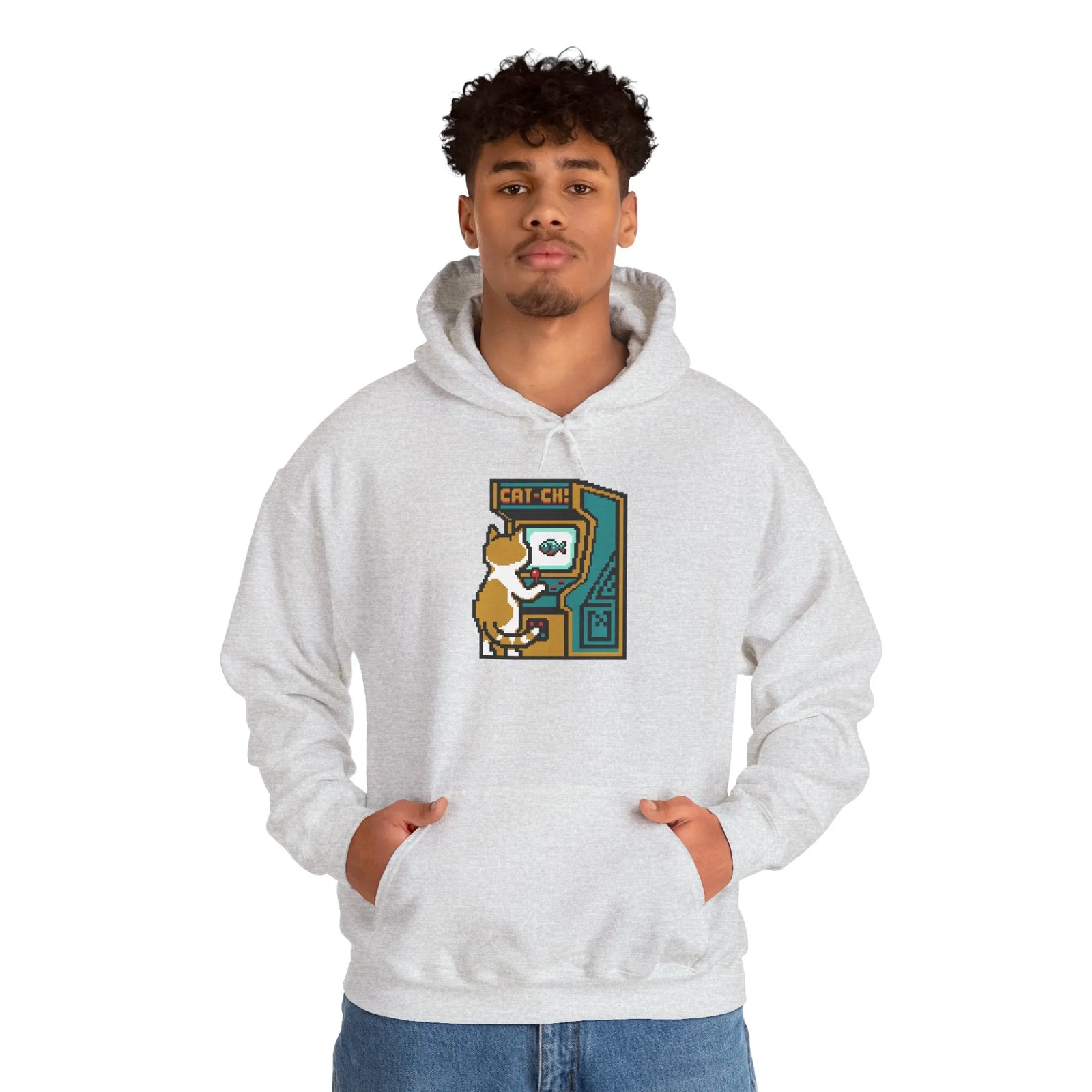Arcade Gaming Pixel Cat Hoodie - Classic Fit Cotton Blend Pullover - Unisex White